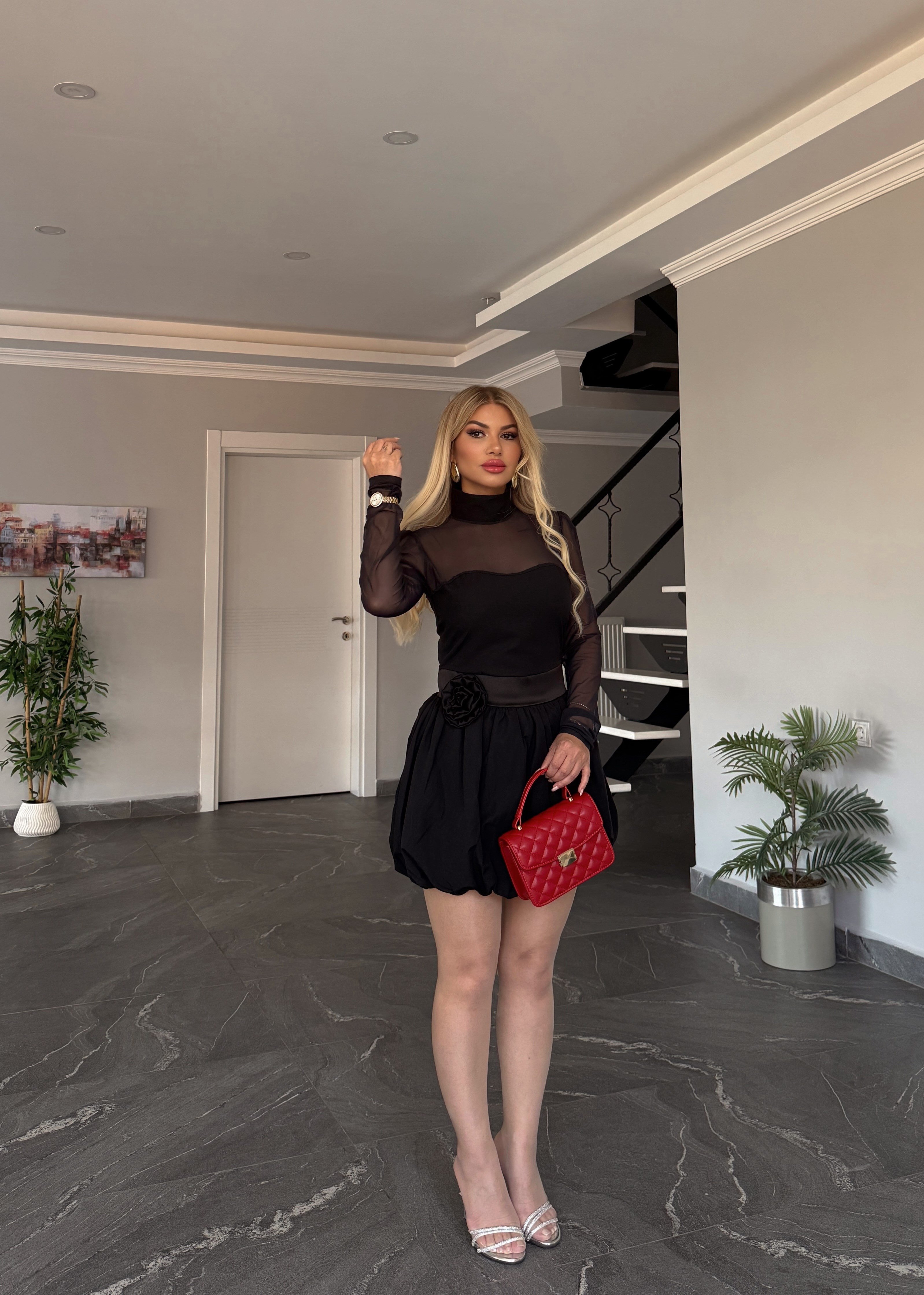 Tül Detaylı Balon Elbise