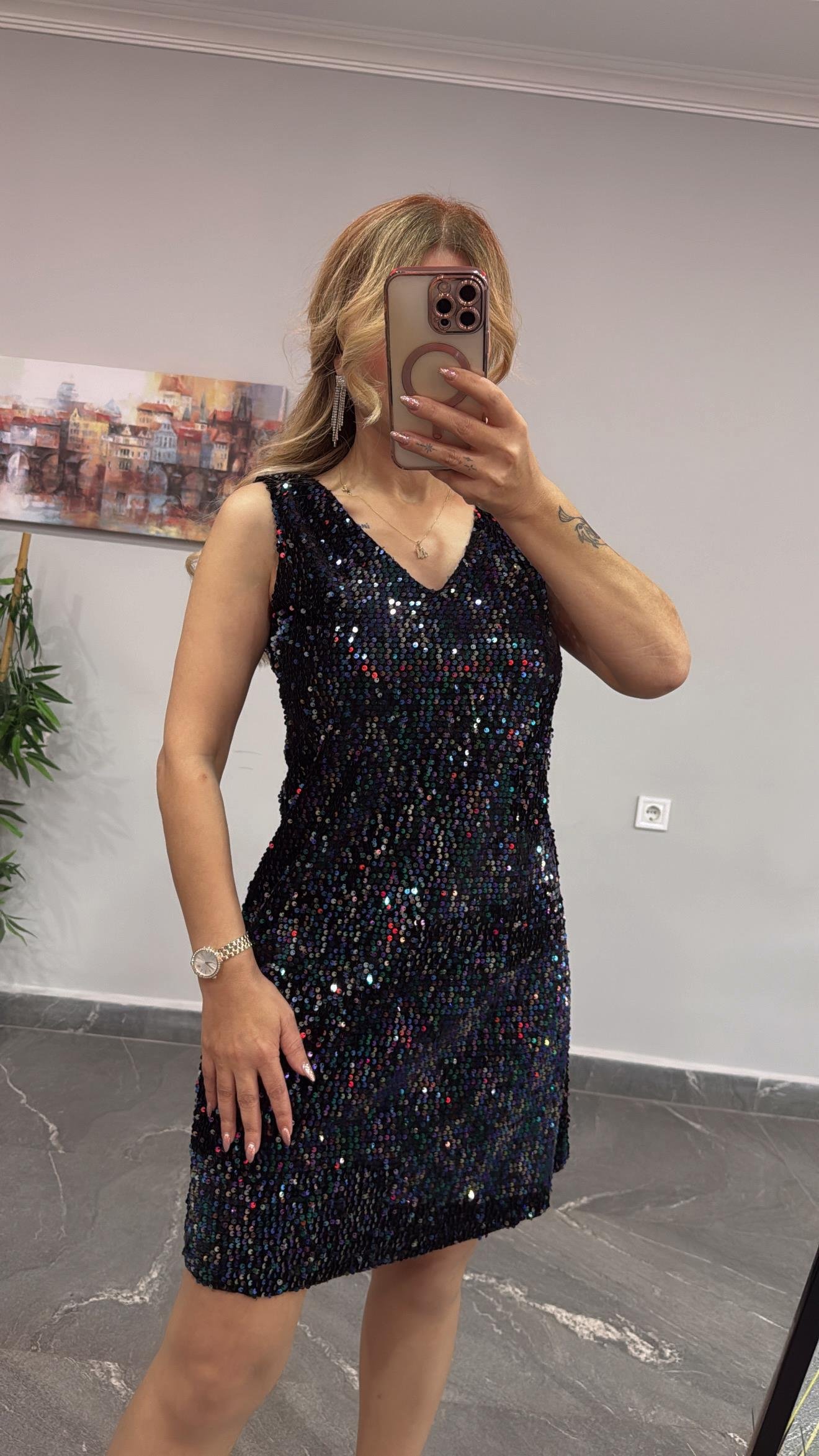 V yaka gece mavisi payetli elbise
