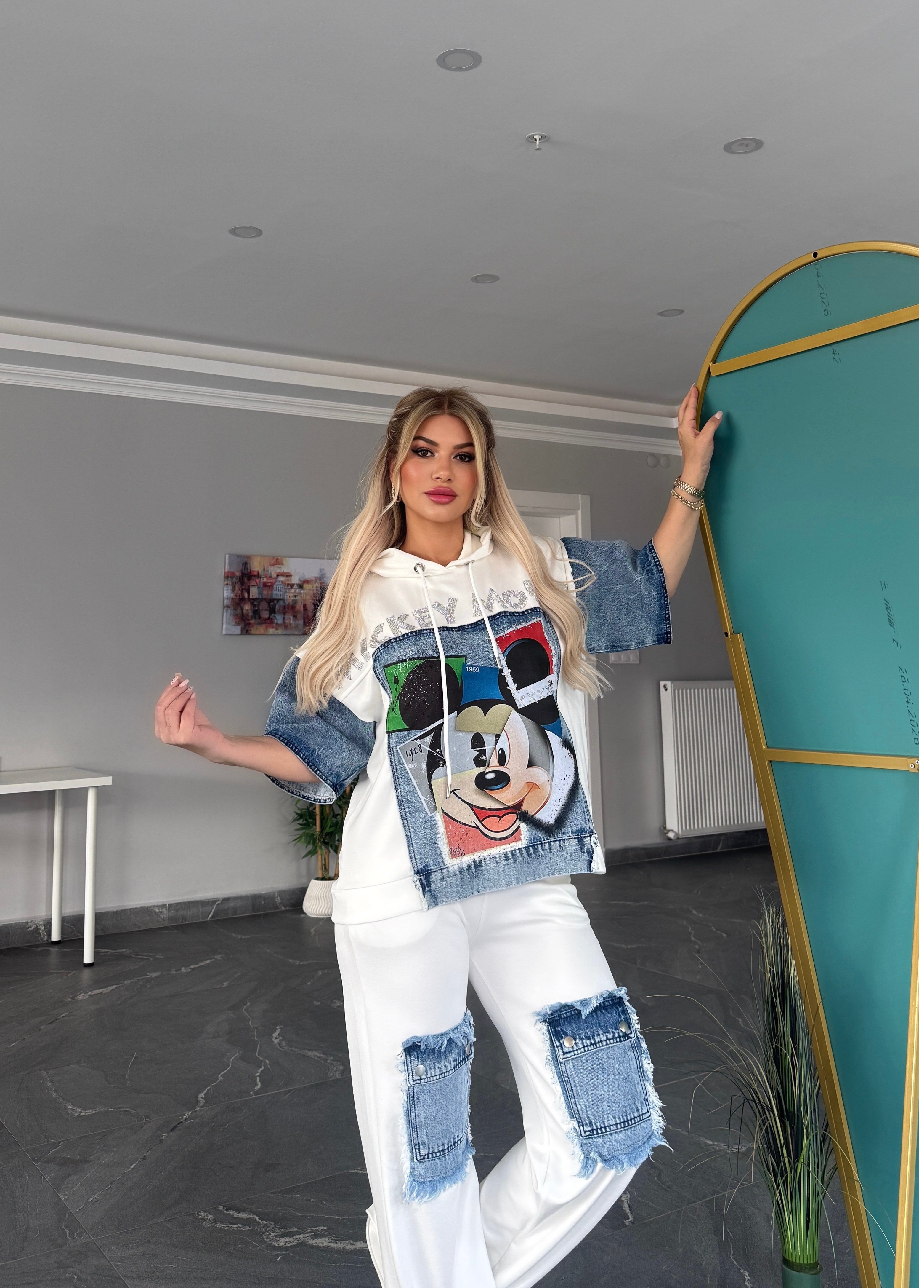 Yarım kol kotlu mickey takım beyaz 
