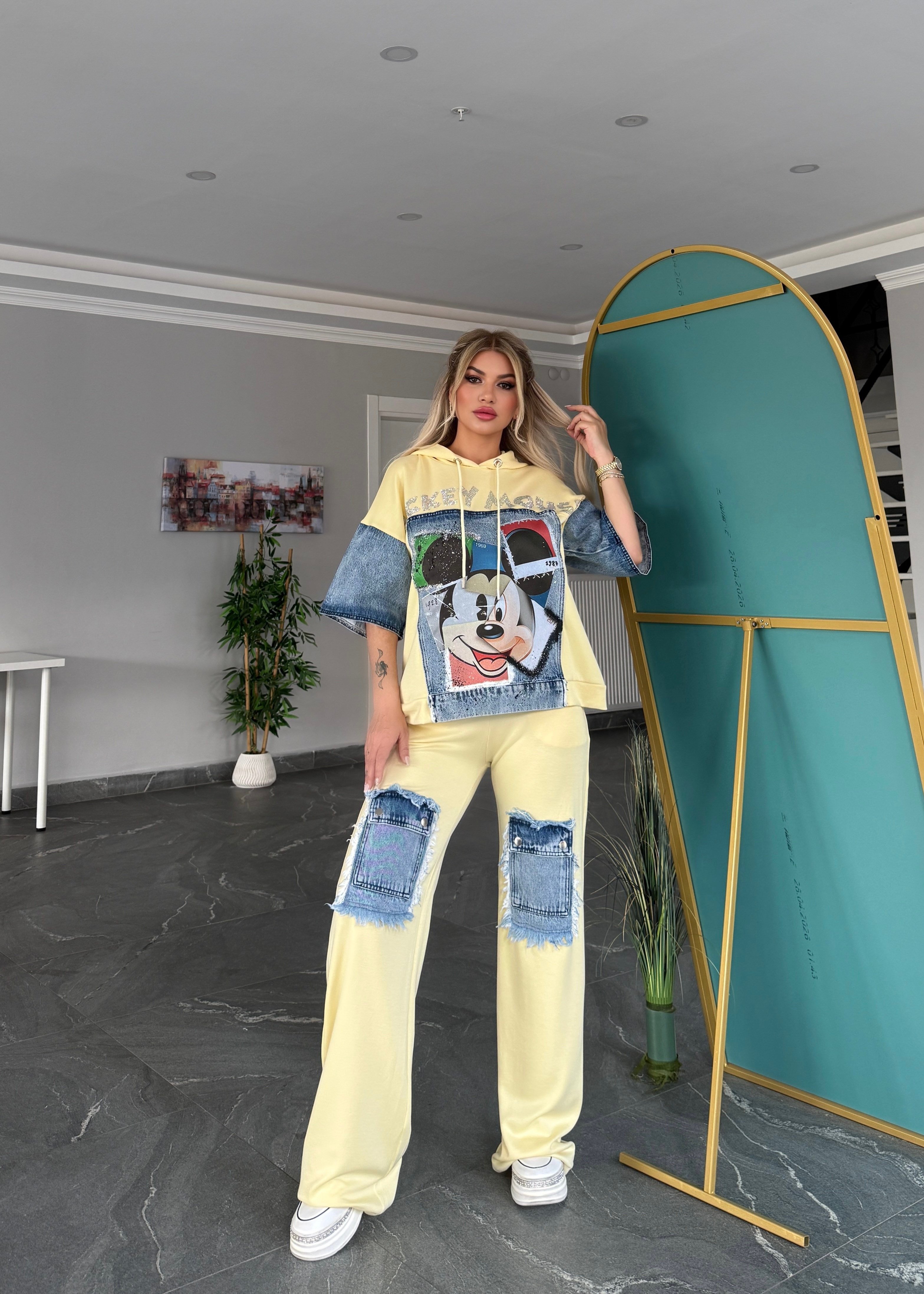 Yarım kol kotlu mickey takım sarı 