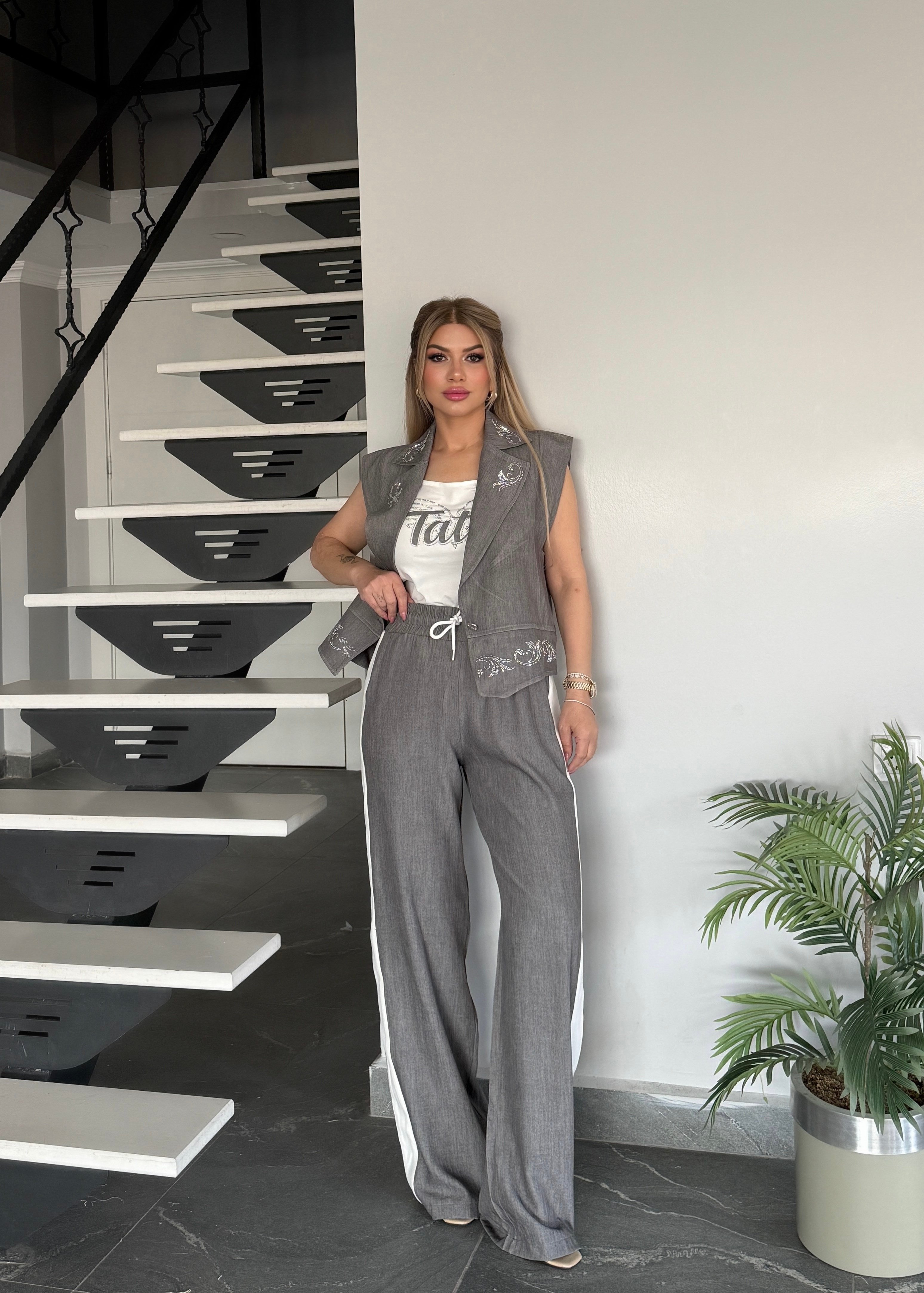 Yelekli 3 lü takım füme 