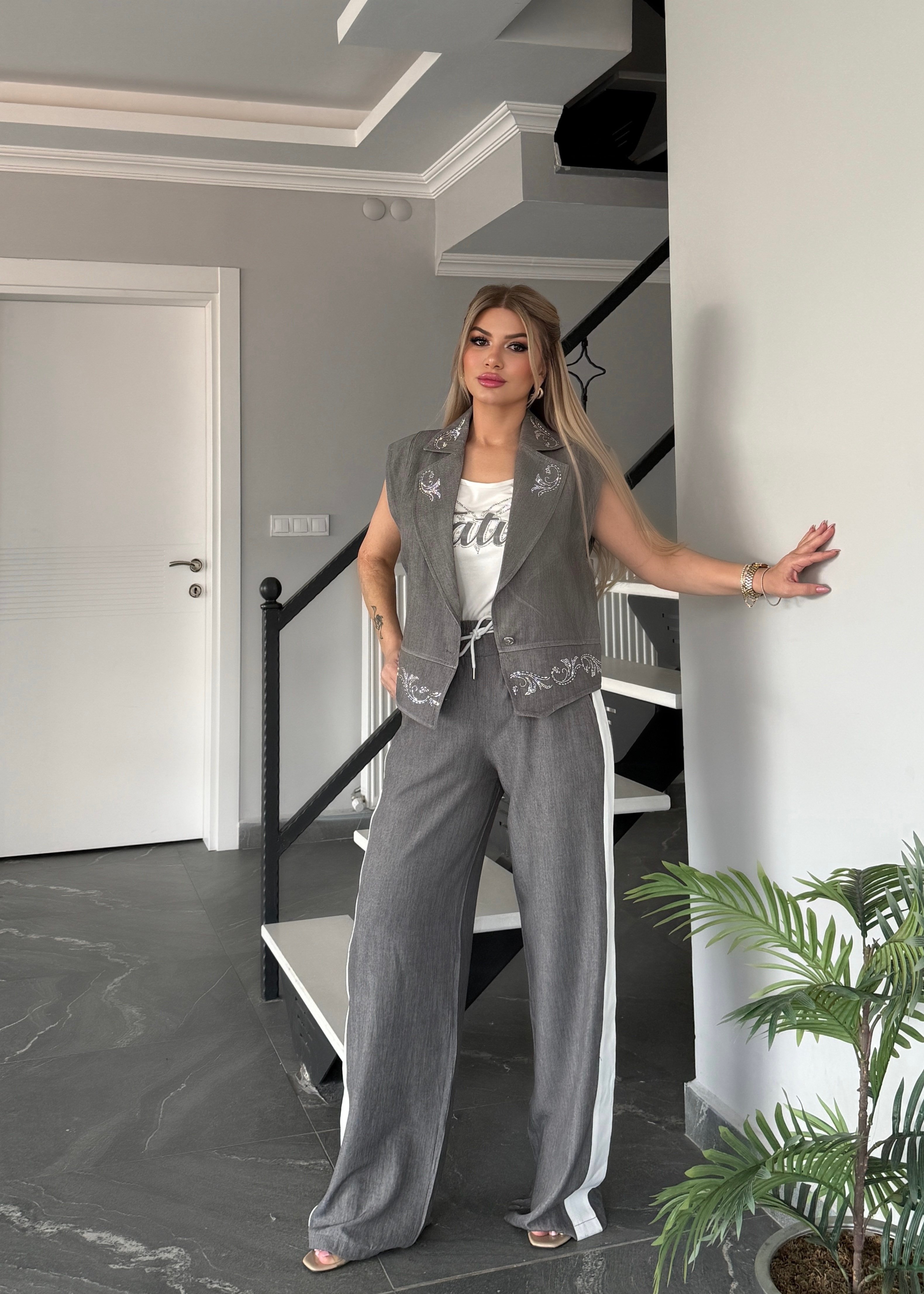 Yelekli 3 lü takım füme 