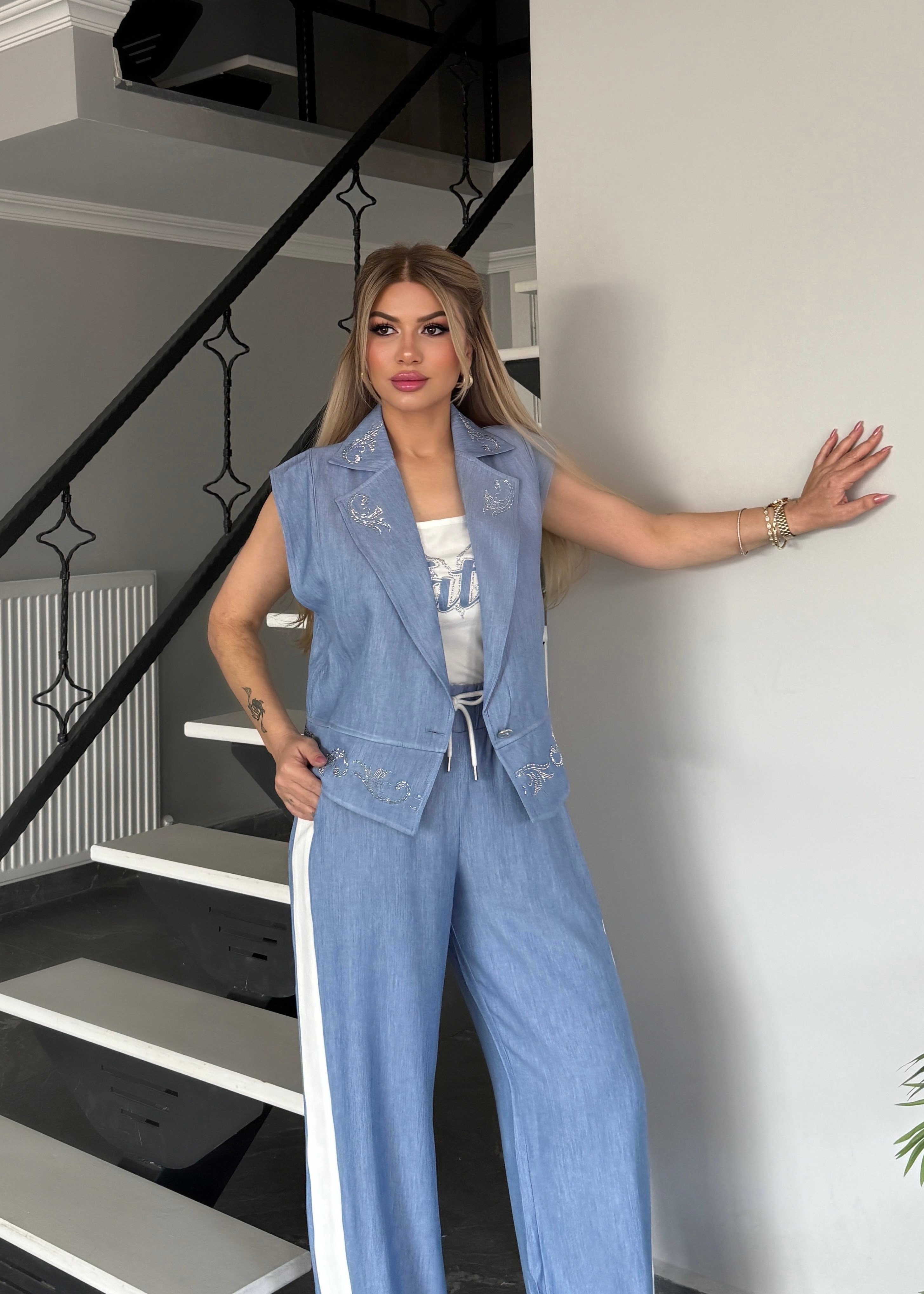 Yelekli 3 lü takım mavi 