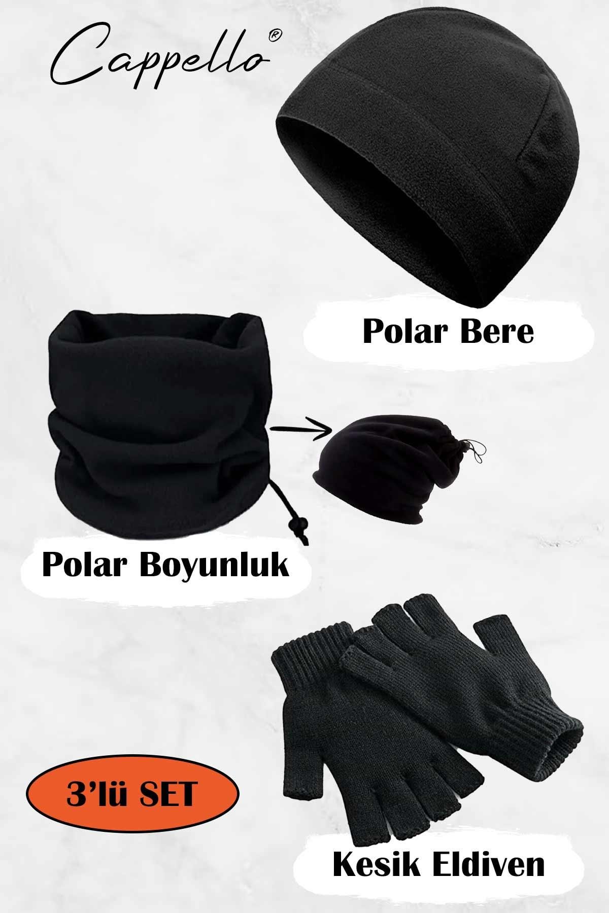 Cappello Unisex Polar Bere Polar Boyunluk Kesik Eldiven Siyah 3'lü Set CAP3LUSET