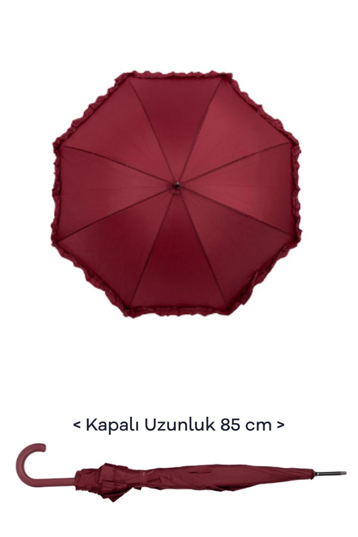Marlux 1. Sınıf Kalite Baston Tip Rüzgara Dayanıklı 8 Fiber Telli Kadın Şemsiye Bordo MARLUX10132A