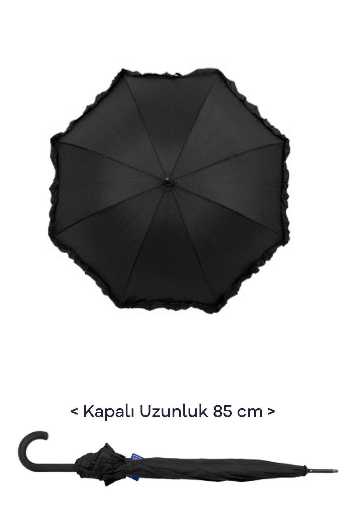 Marlux 1. Sınıf Kalite Baston Tip Rüzgara Dayanıklı 8 Fiber Telli Kadın Şemsiye Siyah MARLUX10132A