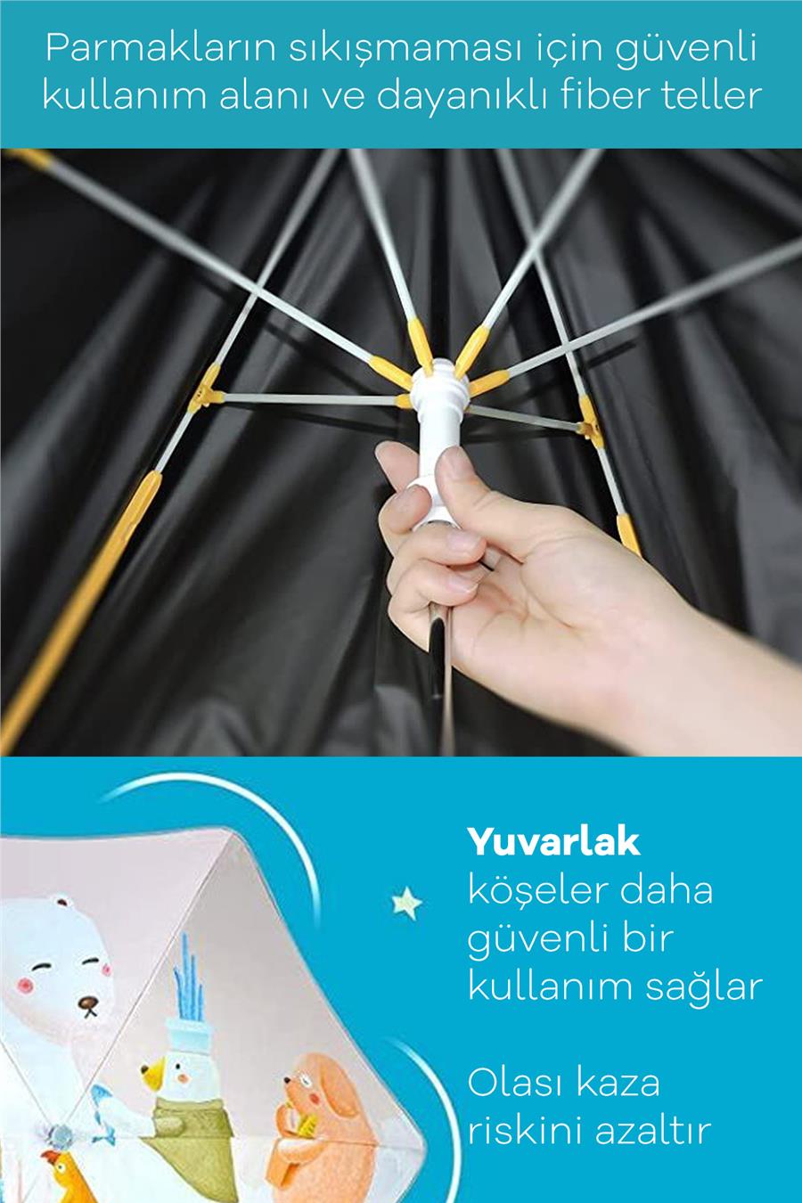Marlux 6 Fiber Telli Kız Çocuk Şemsiye Sevmli Hayvanlar Desenli Rüzgara Dayanıklı Kız Çocuk Şemsiyesi MARLUX1099GRLR05