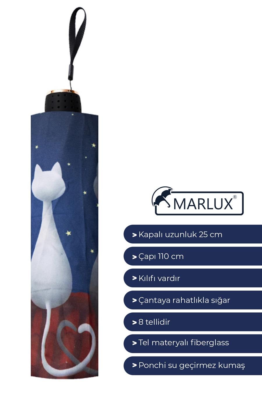 Marlux Ay ve Kediler Yarasa Model 8 Telli Rüzgara Dayanıklı Manuel Şemsiye MARLUX383R01
