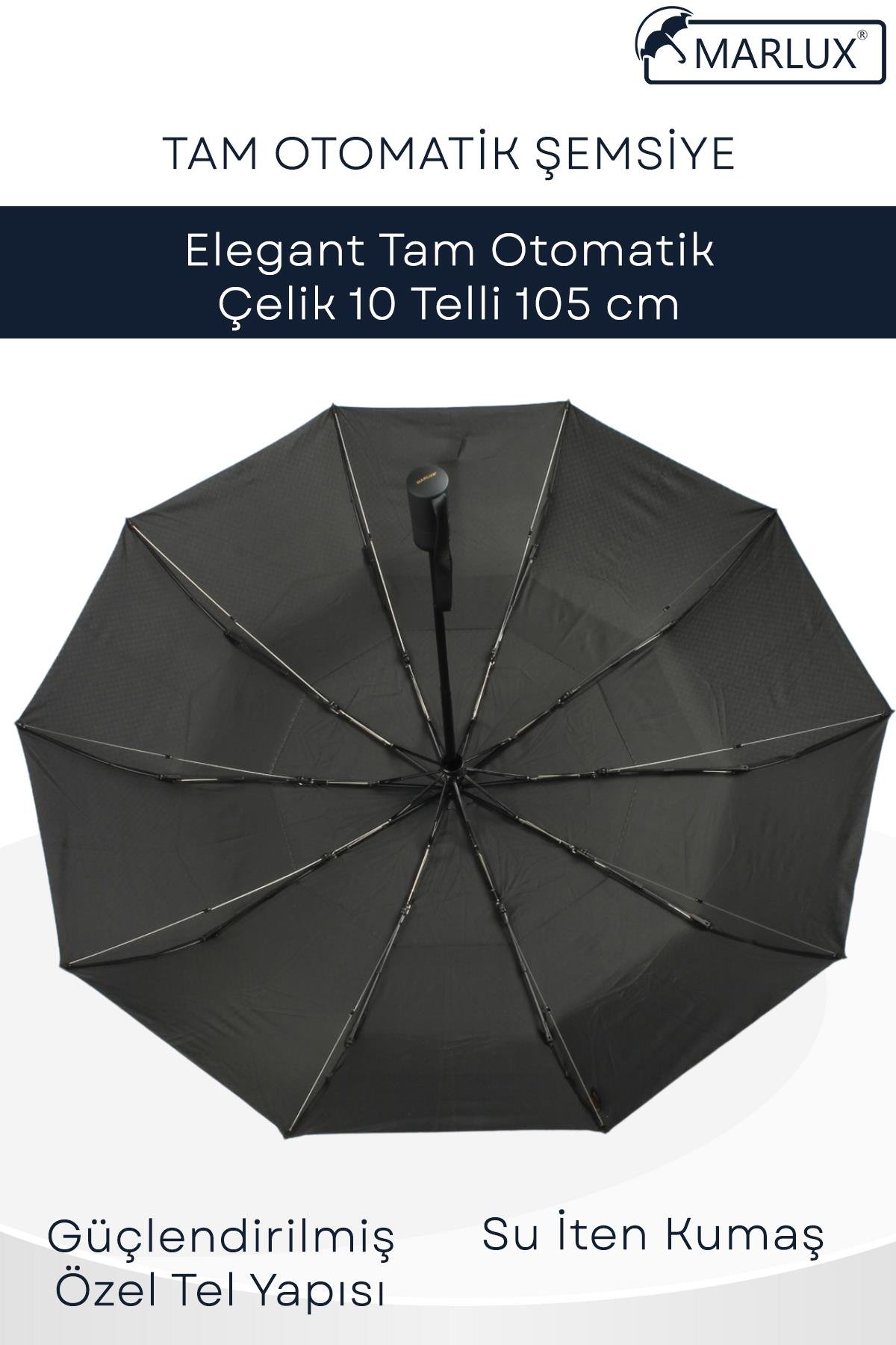 Marlux Ekstra Güçlendirilmiş Tam Otomatik Rüzgar Şemsiyesi 10 Fiber Tel Siyah Siyah MPR2011M