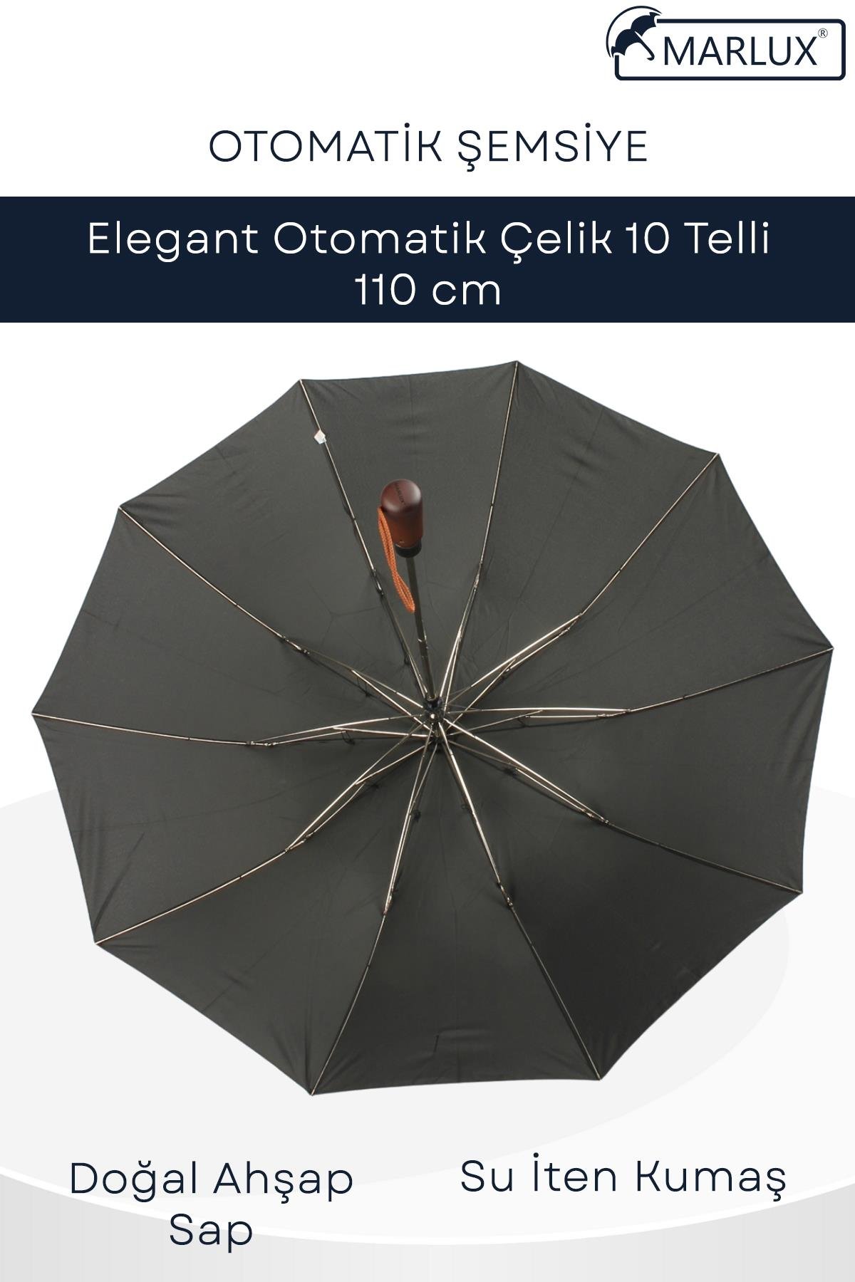Marlux Elegant Otomatik Çelik 10 Telli Siyah Şemsiye Rüzgar Koruma Ponçi Kumaş MPR1008M