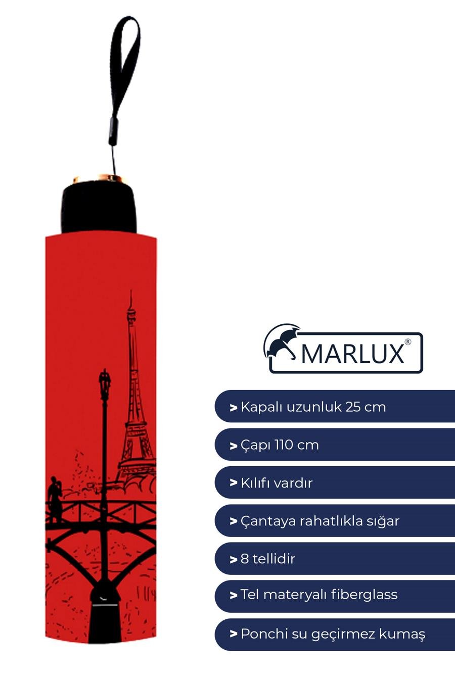 Marlux Eyfel Kulesi Paris Yarasa Model 8 Telli Rüzgara Dayanıklı Manuel Şemsiye MARLUX372R01