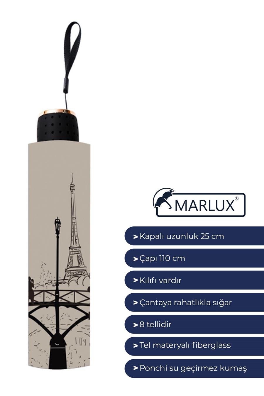 Marlux Eyfel Kulesi Paris Yarasa Model 8 Telli Rüzgara Dayanıklı Manuel Şemsiye MARLUX372R04