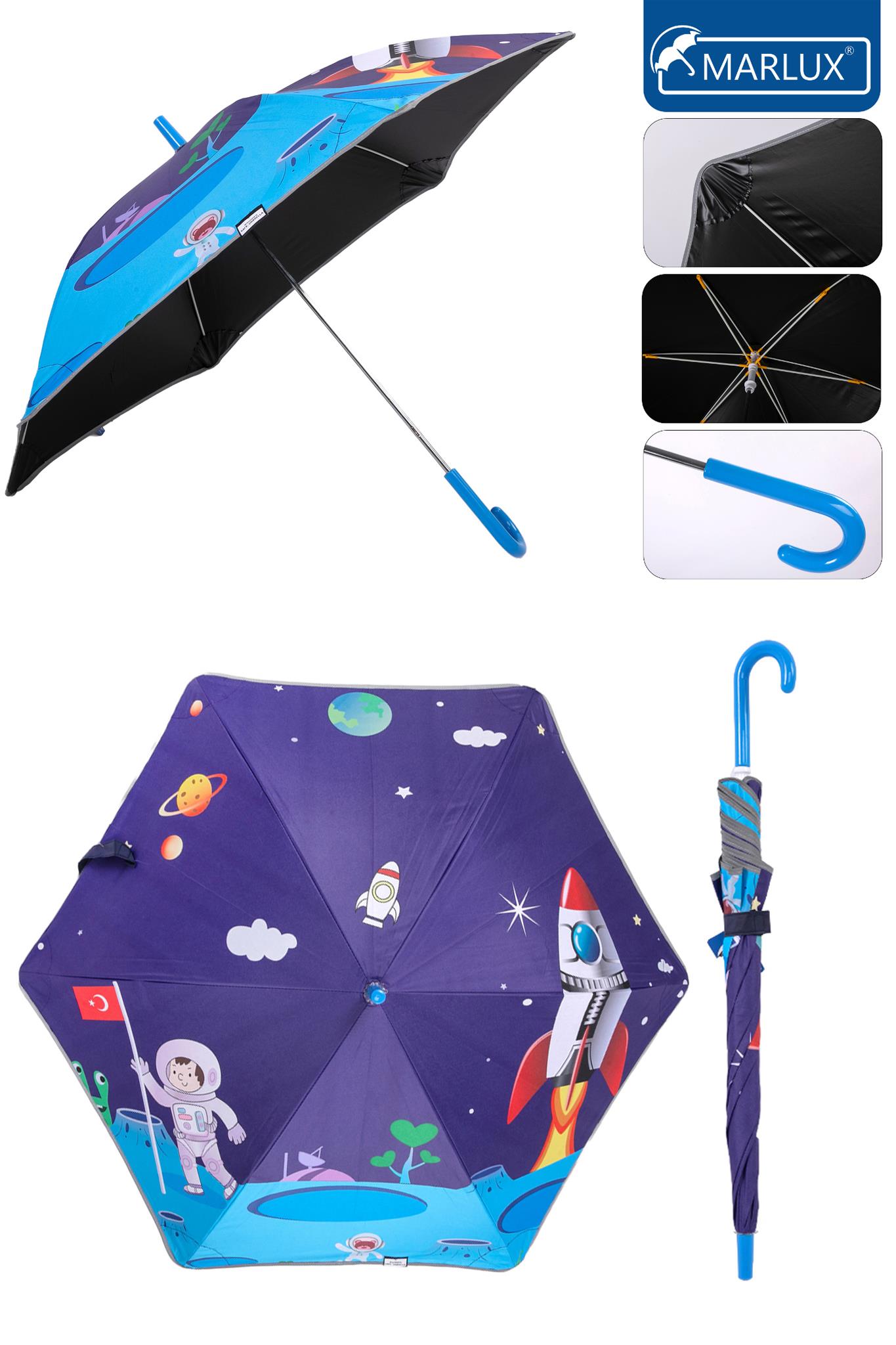 Marlux Fiber 6 Telli Dayanıklı Özel Tasarım Çocuk Şemsiyesi Türk Bayraklı Astronot Uzay Desenli MAR1099
