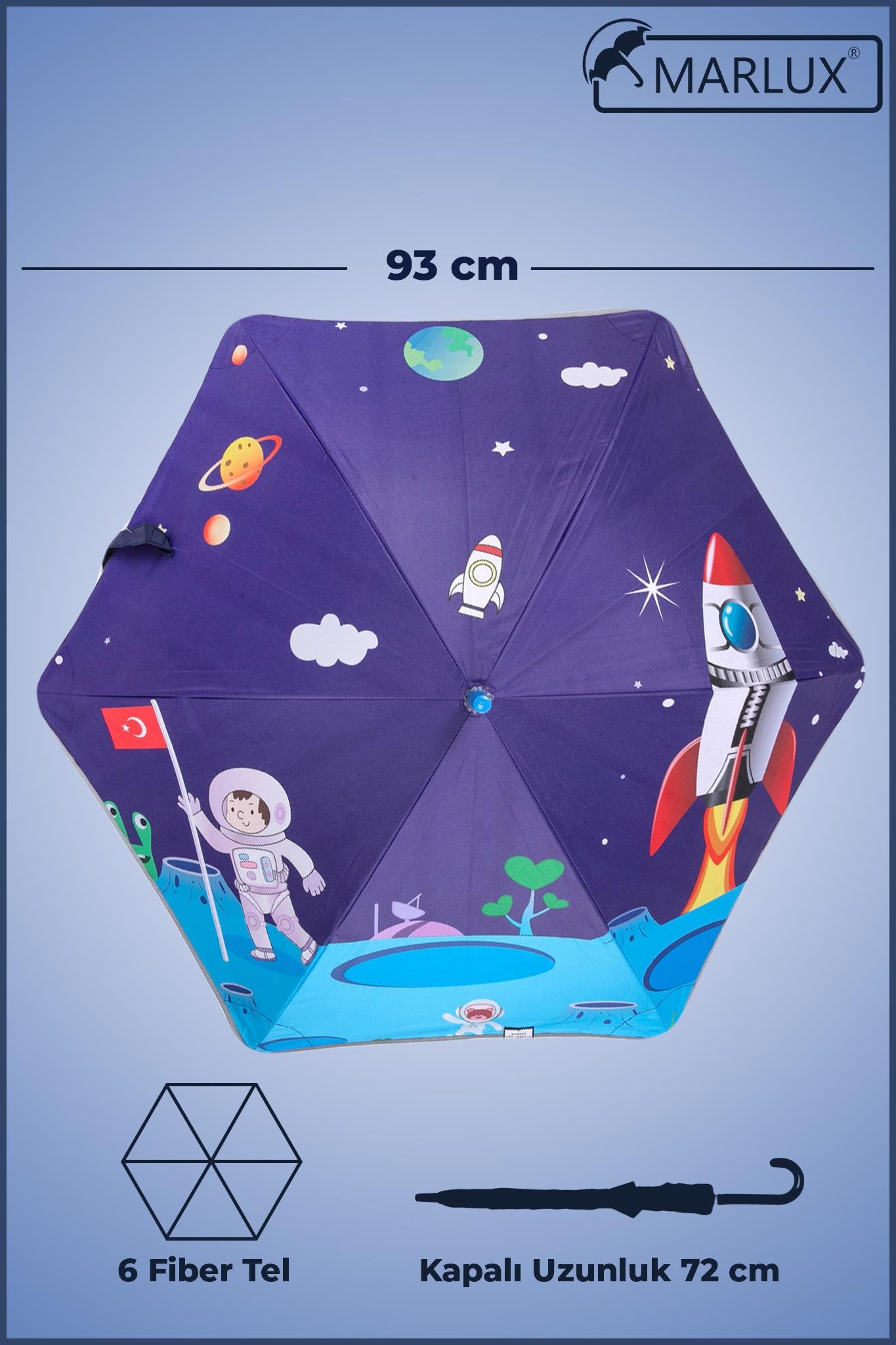 Marlux Fiber 6 Telli Dayanıklı Özel Tasarım Çocuk Şemsiyesi Türk Bayraklı Astronot Uzay Desenli MAR1099