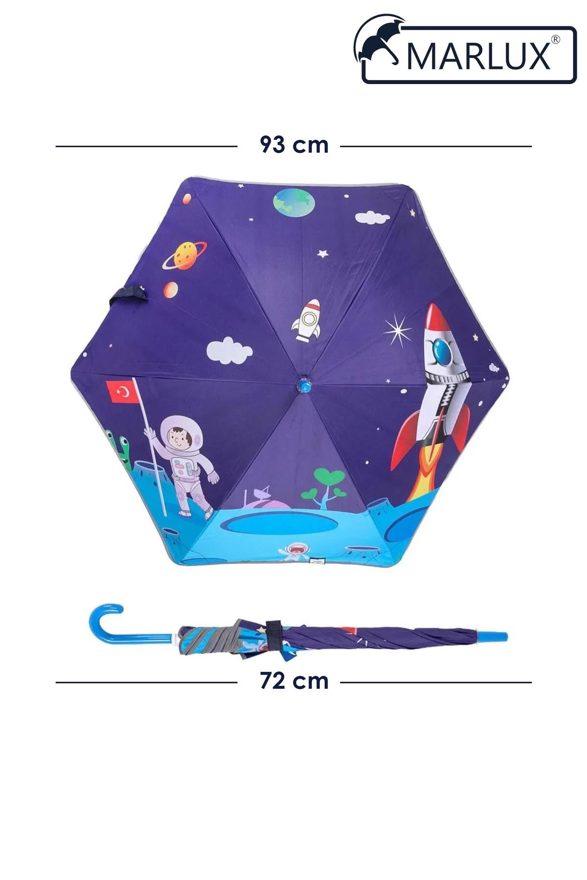 Marlux Fiber 6 Telli Dayanıklı Özel Tasarım Çocuk Şemsiyesi Türk Bayraklı Astronot Uzay Desenli MAR1099FL