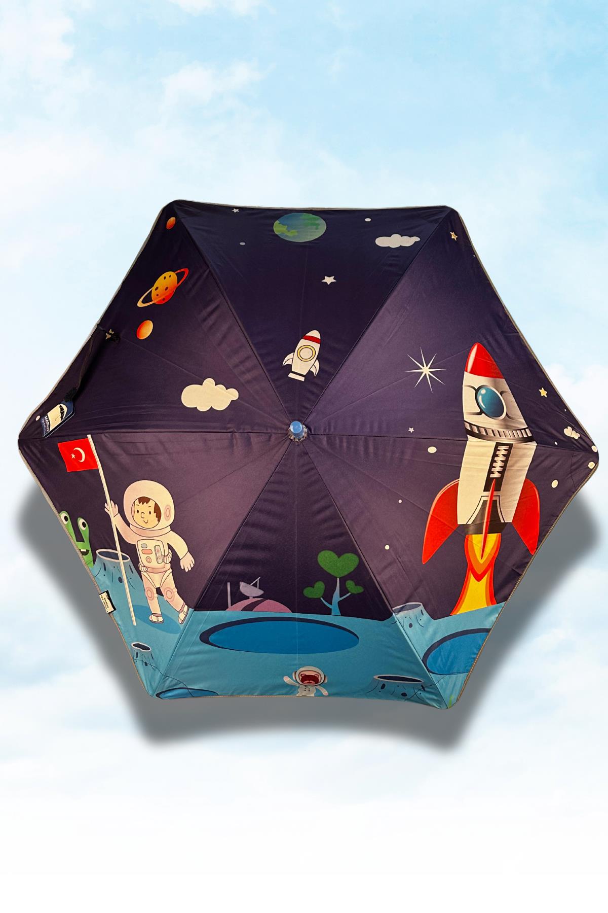 Marlux Fiber 6 Telli Dayanıklı Özel Tasarım Çocuk Şemsiyesi Türk Bayraklı Astronot Uzay Desenli MAR1099FL
