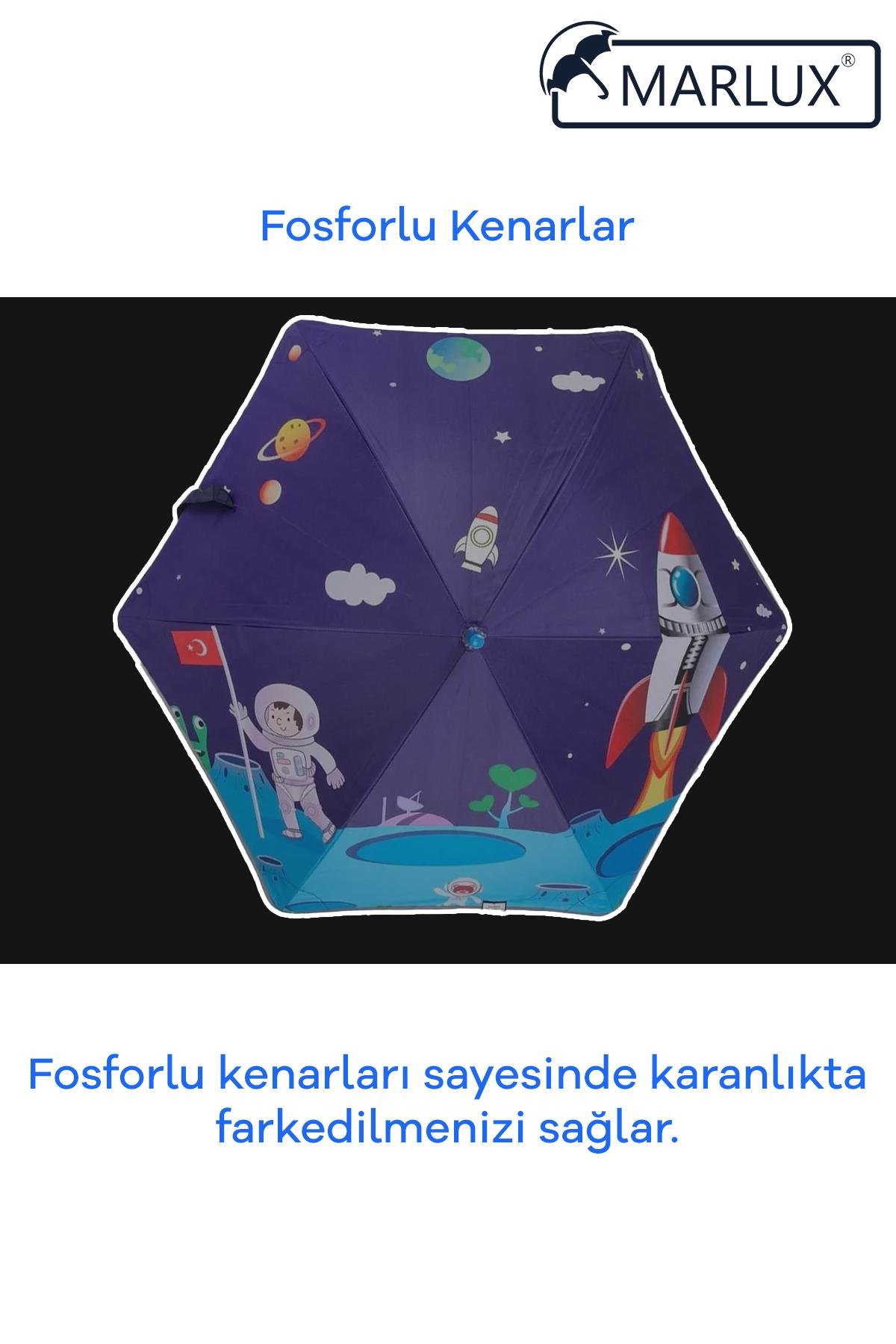 Marlux Fiber 6 Telli Dayanıklı Özel Tasarım Çocuk Şemsiyesi Türk Bayraklı Astronot Uzay Desenli MAR1099FL