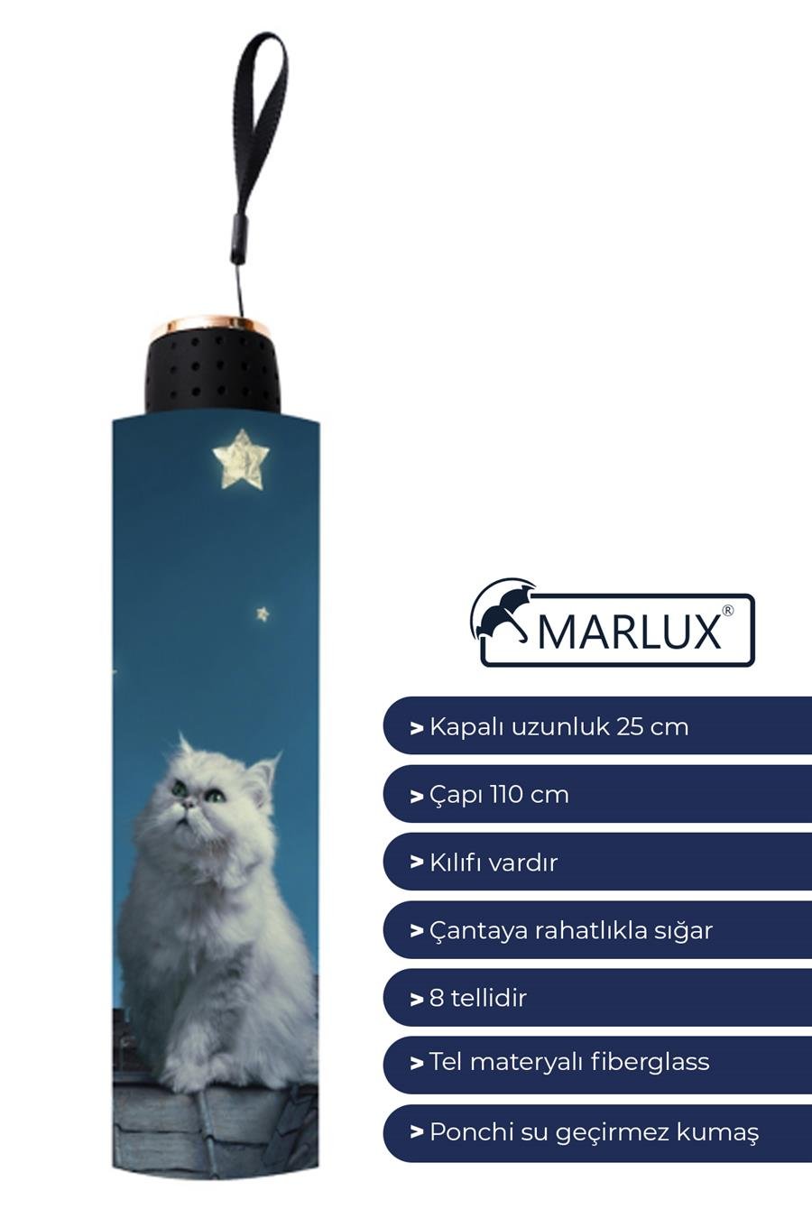Marlux Gökyüzü ve Beyaz Kedi Yarasa Model 8 Telli Rüzgara Dayanıklı Manuel Şemsiye MARLUX379R01