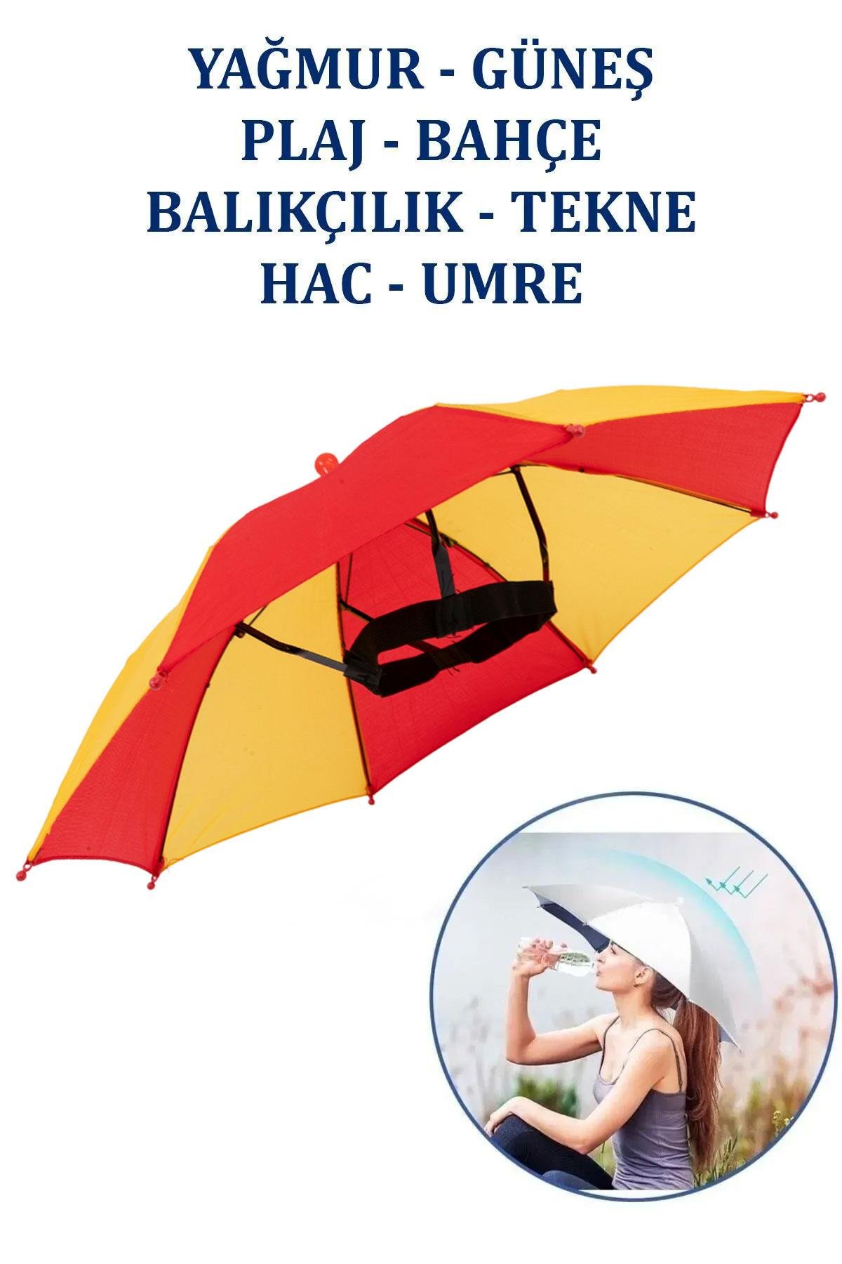 Marlux Kafaya Takılan Şapka Şemsiye Gölgelik Plaj Yazlık Kafa Şemsiyesi Sarı Kırmızı KAFASEMS001SK
