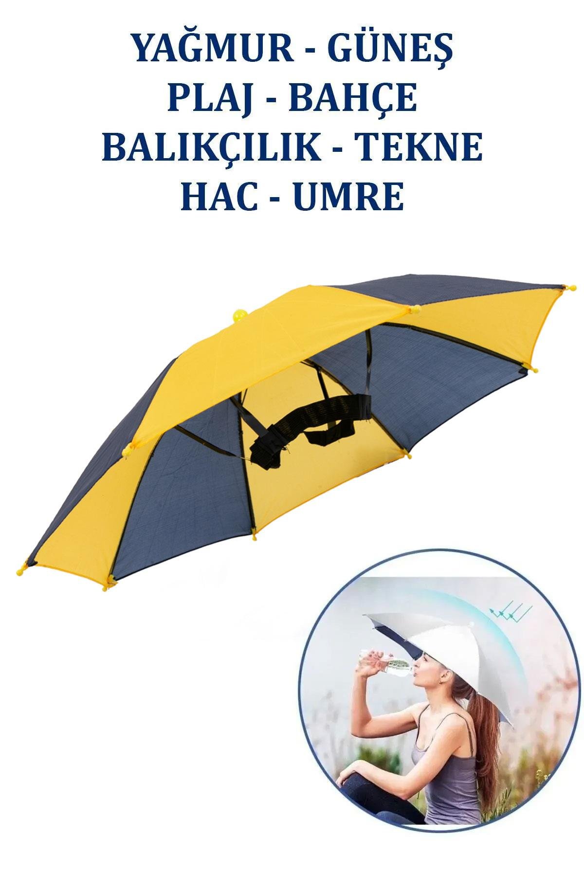 Marlux Kafaya Takılan Şapka Şemsiye Gölgelik Plaj Yazlık Kafa Şemsiyesi Sarı Lacivert KAFASEMS001SL