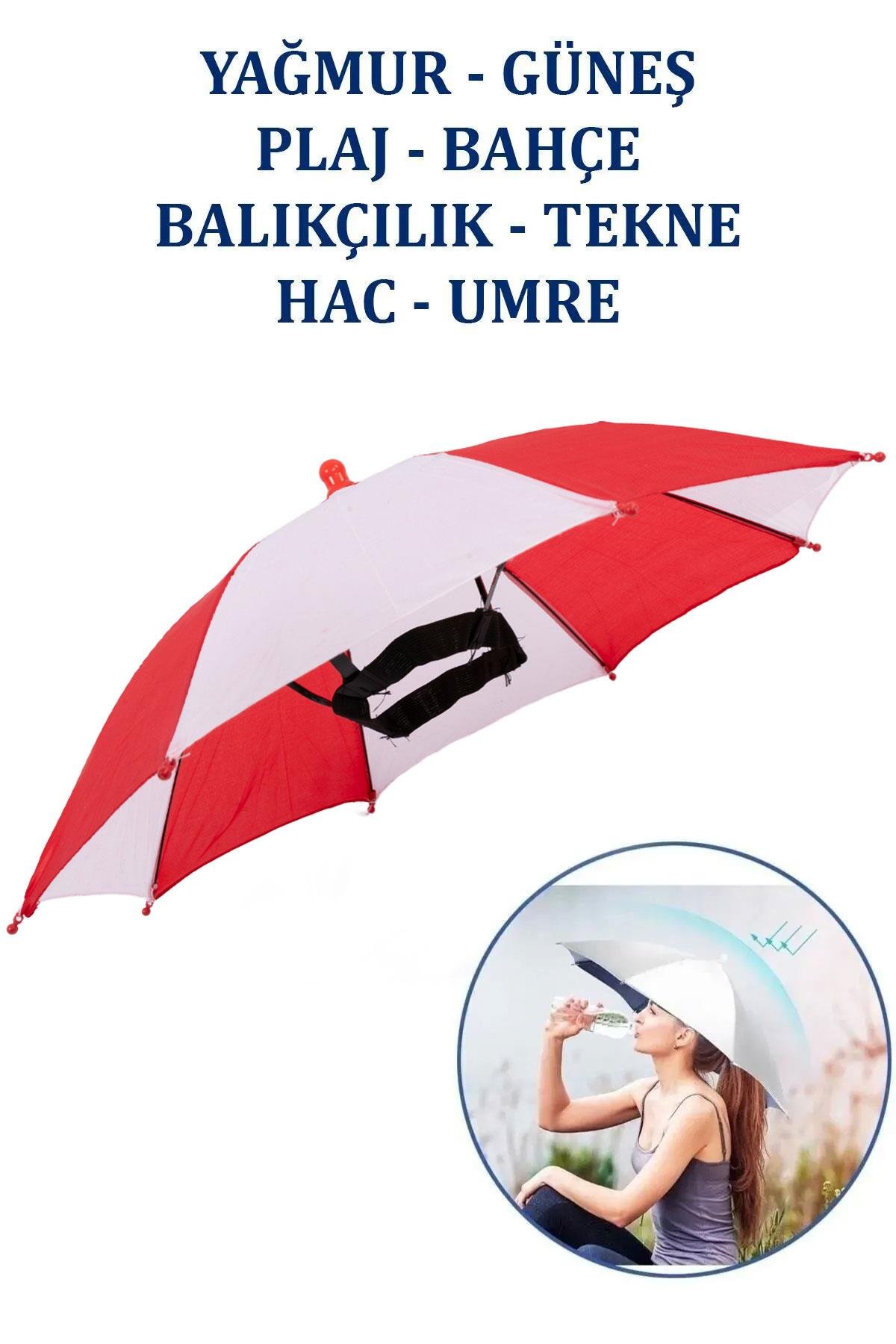 Marlux Kafaya Takılan Şapka Şemsiye Gölgelik Plaj Yazlık Kafa Şemsiyesi Kırmızı Beyaz KAFASEMS001RW