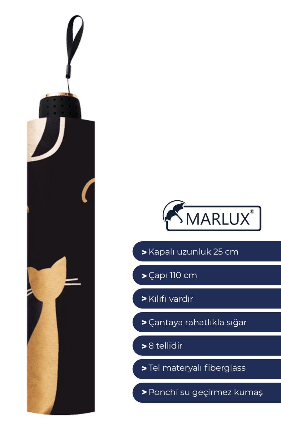 Marlux Kedi Desenli Yarasa Model 8 Telli Rüzgara Dayanıklı Manuel Şemsiye MARLUX393R01