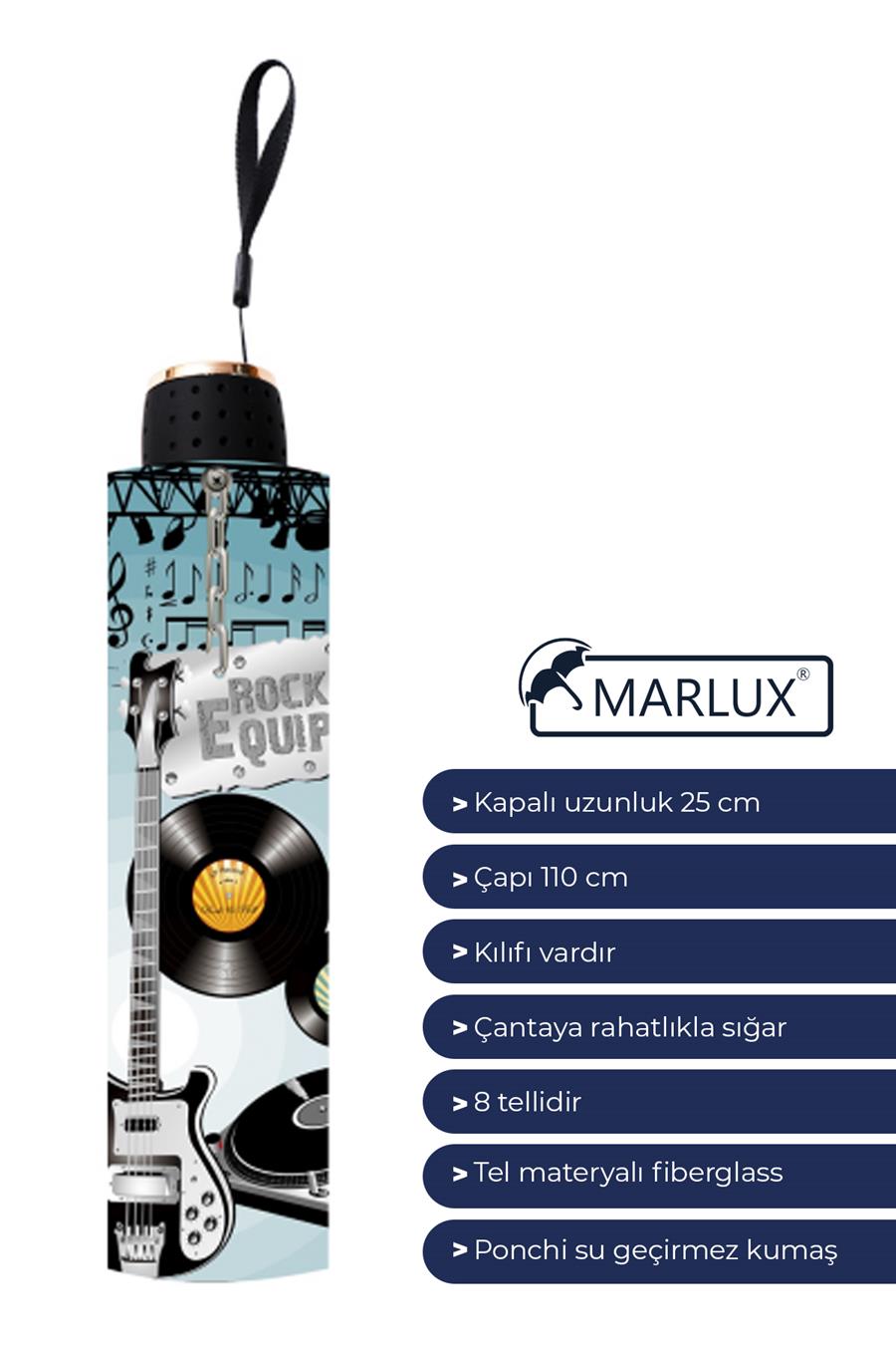 Marlux Müzik Plak Desenli Yarasa Model 8 Telli Rüzgara Dayanıklı Manuel Şemsiye MARLUX380R01