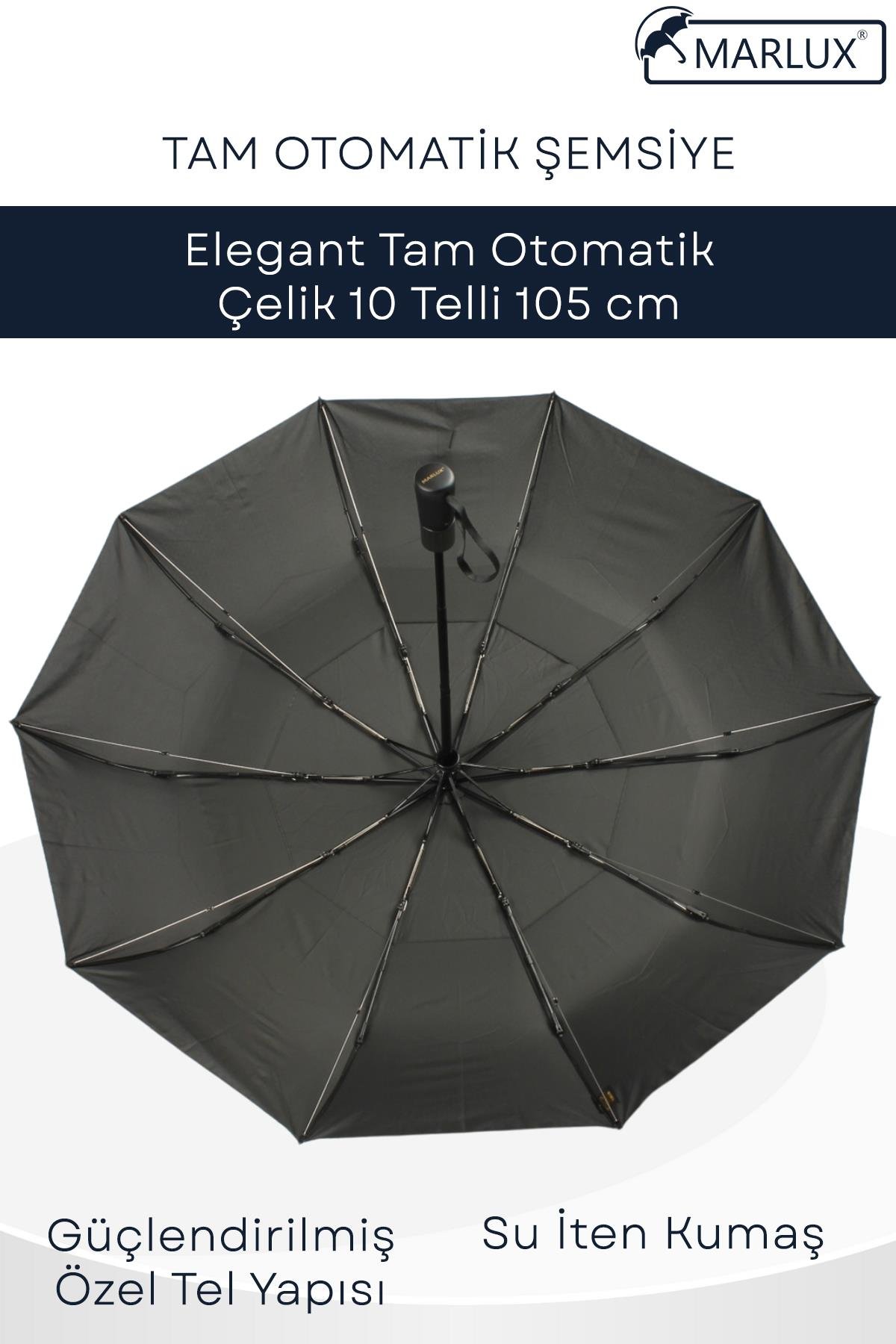 Marlux Premium Tam Otomatik Rüzgar Şemsiyesi 10 Fiber Telli Siyah Kumaş Detaylı MPR2010M