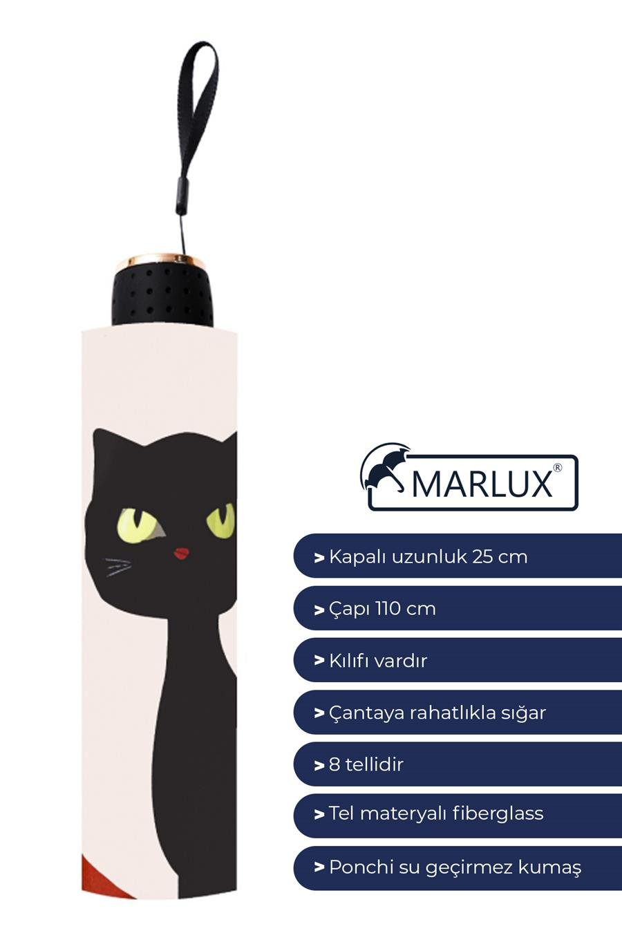 Marlux Renkli Gözlü Kedi Yarasa Model 8 Telli Rüzgara Dayanıklı Manuel Şemsiye MARLUX385R01