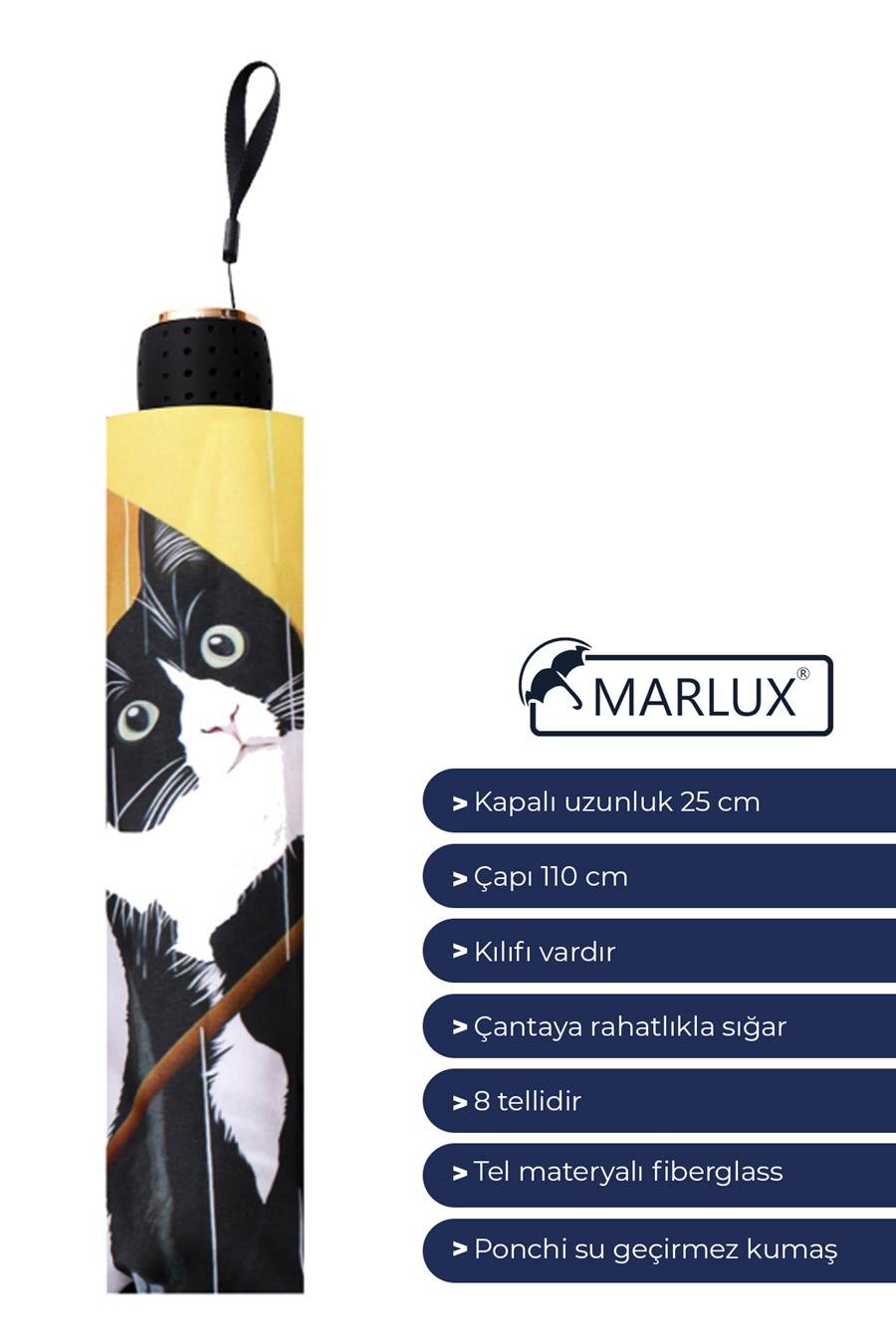 Marlux Sarı Şemsiyeli Kedi Yarasa Model 8 Telli Rüzgara Dayanıklı Manuel Şemsiye MARLUX378R01