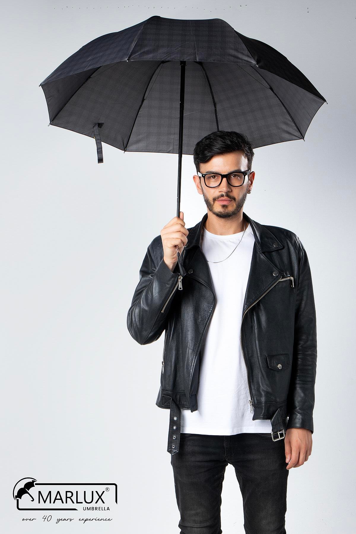 Marlux Siyah Ekose Unisex Yarasa Tip Kırılmaz Şemsiye M21MAR077R004