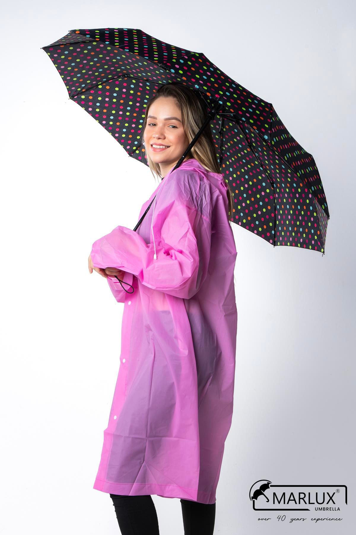 Marlux Siyah Pembe Benekli Fiber 10 Telli Tam Otomatik Rüzgara Dayanıklı Şemsiye M24MAR718LD