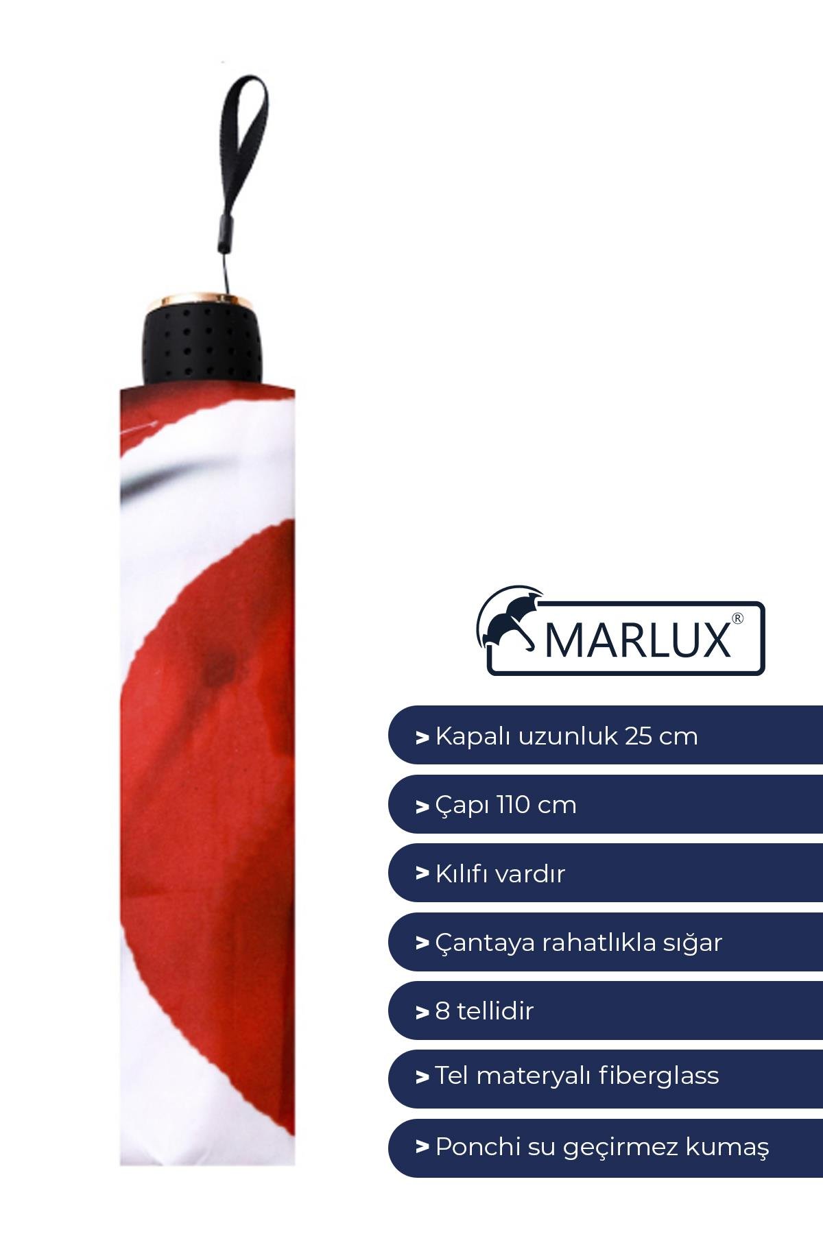 Marlux Türk Bayrağı Canlı Renk Baskılı Rüzgara Dayanıklı 8 Telli Katlanabilir Manuel Şemsiye