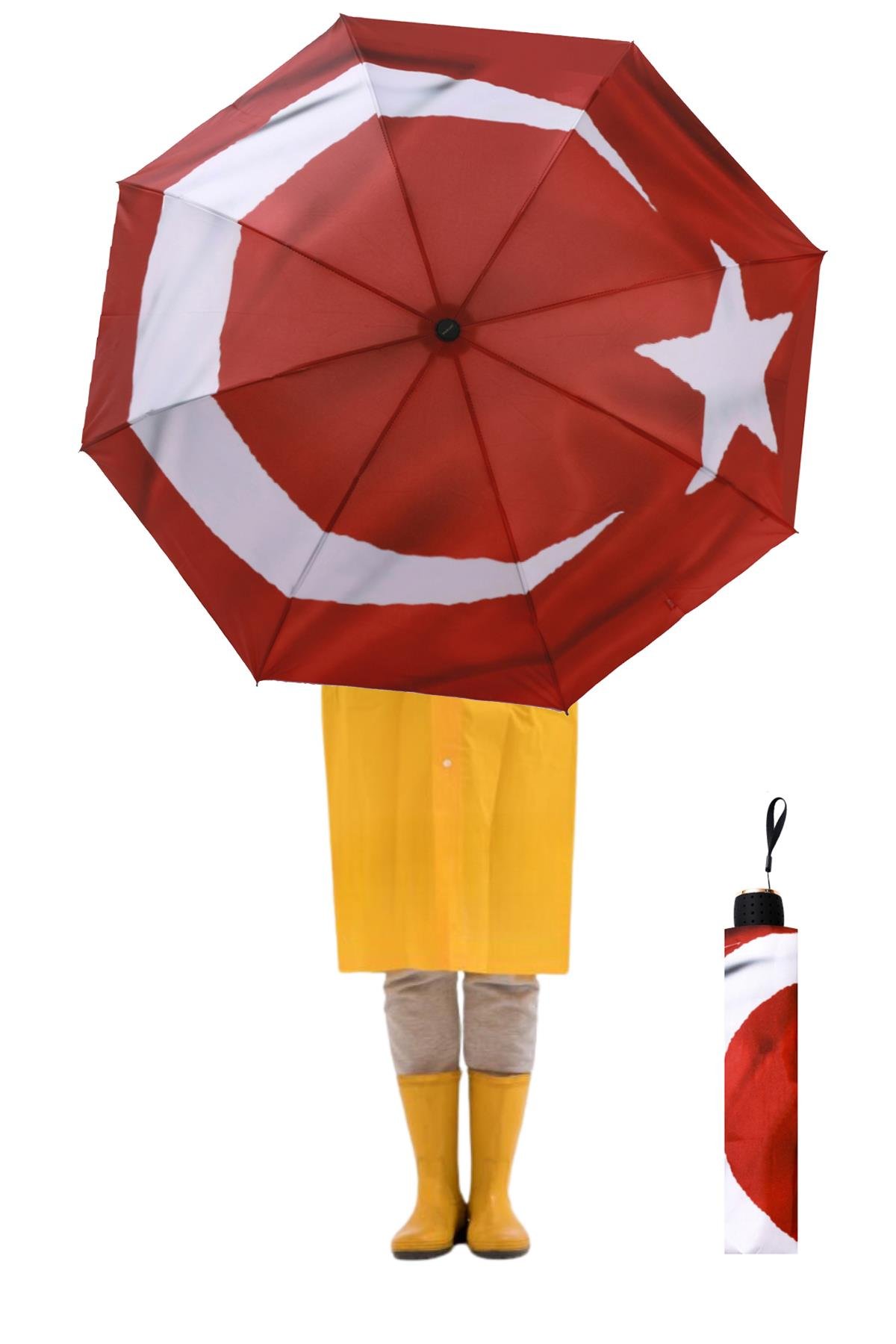 Marlux Türk Bayrağı Canlı Renk Baskılı Rüzgara Dayanıklı 8 Telli Katlanabilir Manuel Şemsiye