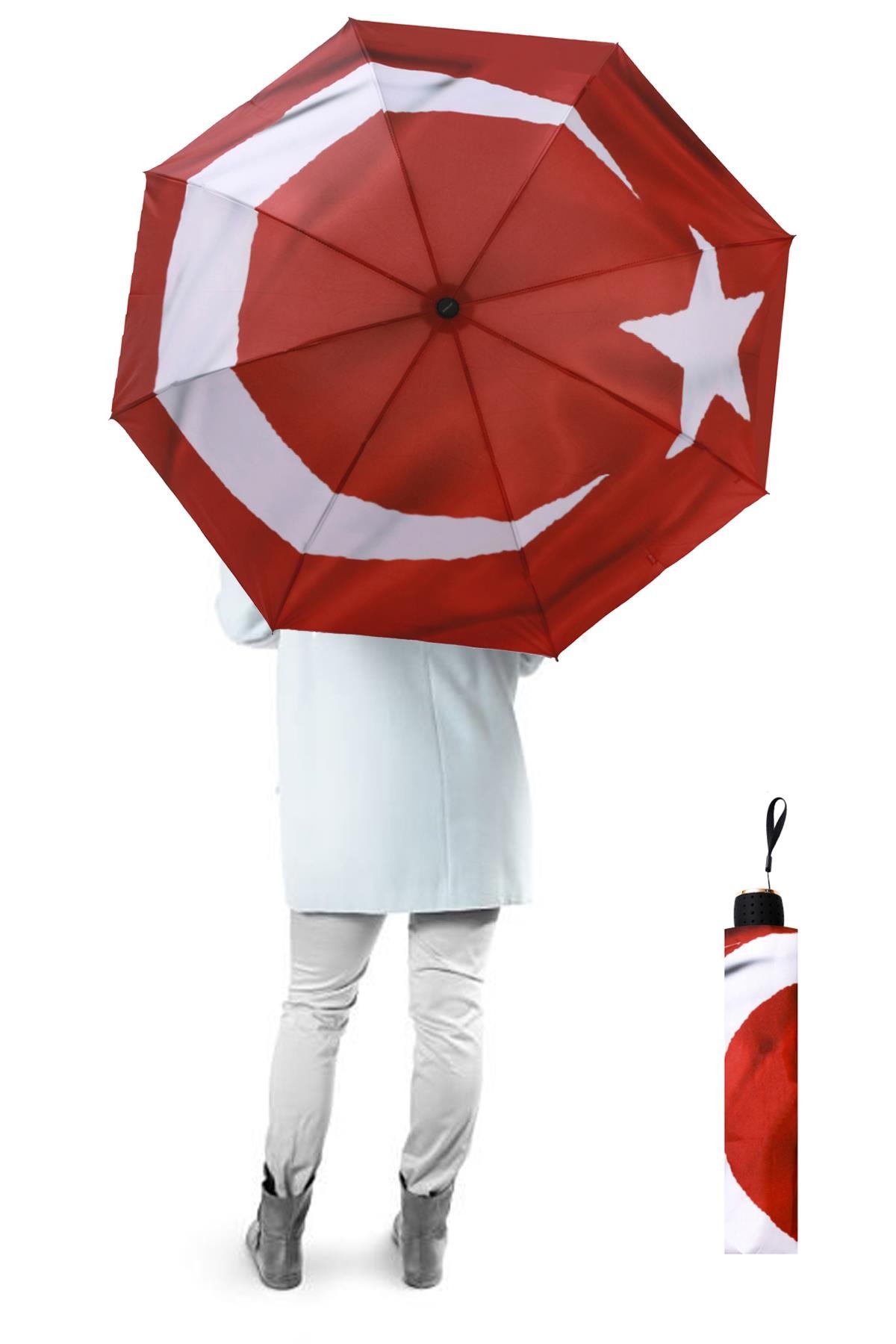 Marlux Türk Bayrağı Canlı Renk Baskılı Rüzgara Dayanıklı 8 Telli Katlanabilir Manuel Şemsiye