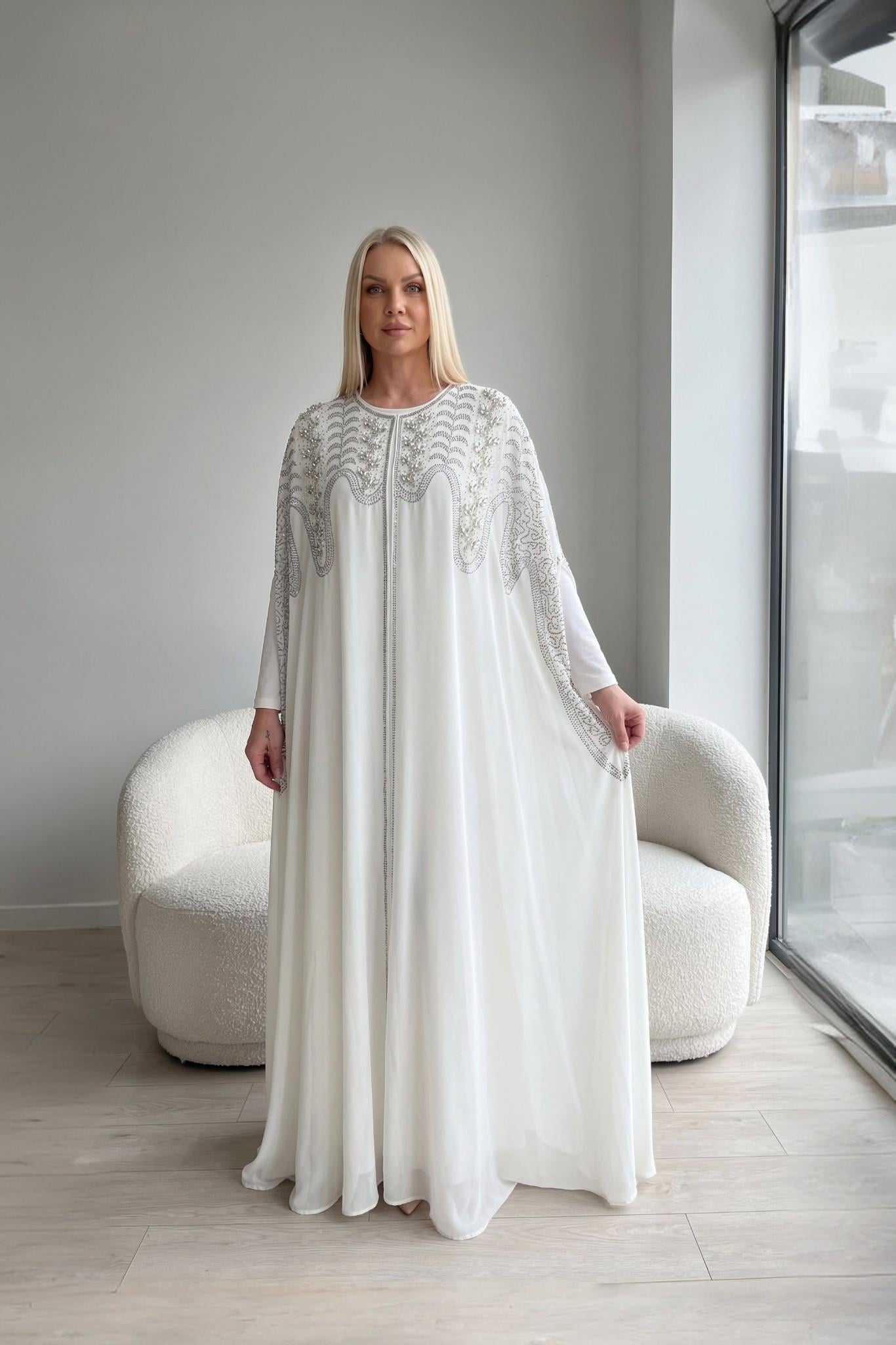 Kadın Beyaz Şifon Taş İşlemeli Abaya Elbise