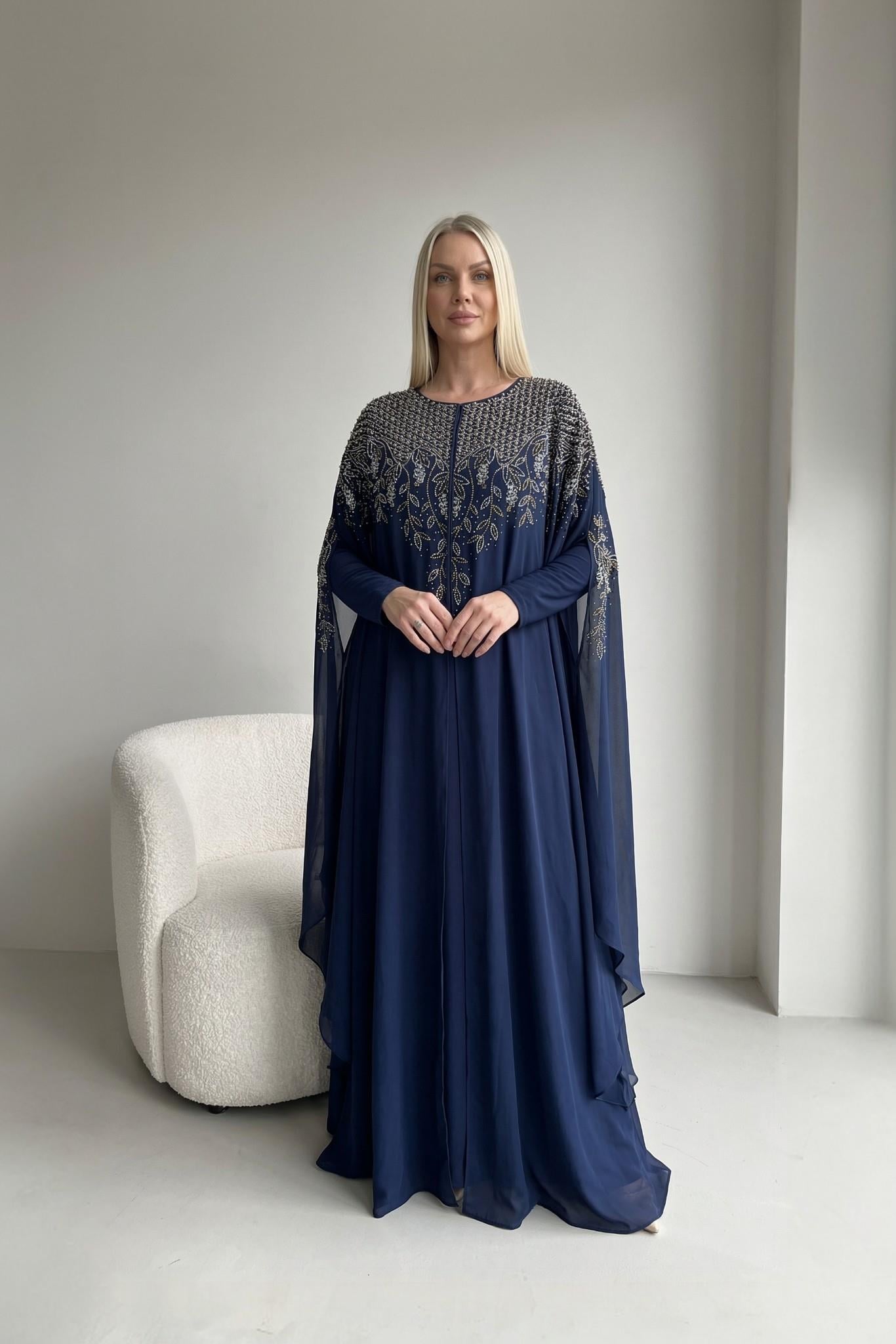 Lacivert Şifon İnci Ve Altın İşlemeli Abaya Elbise