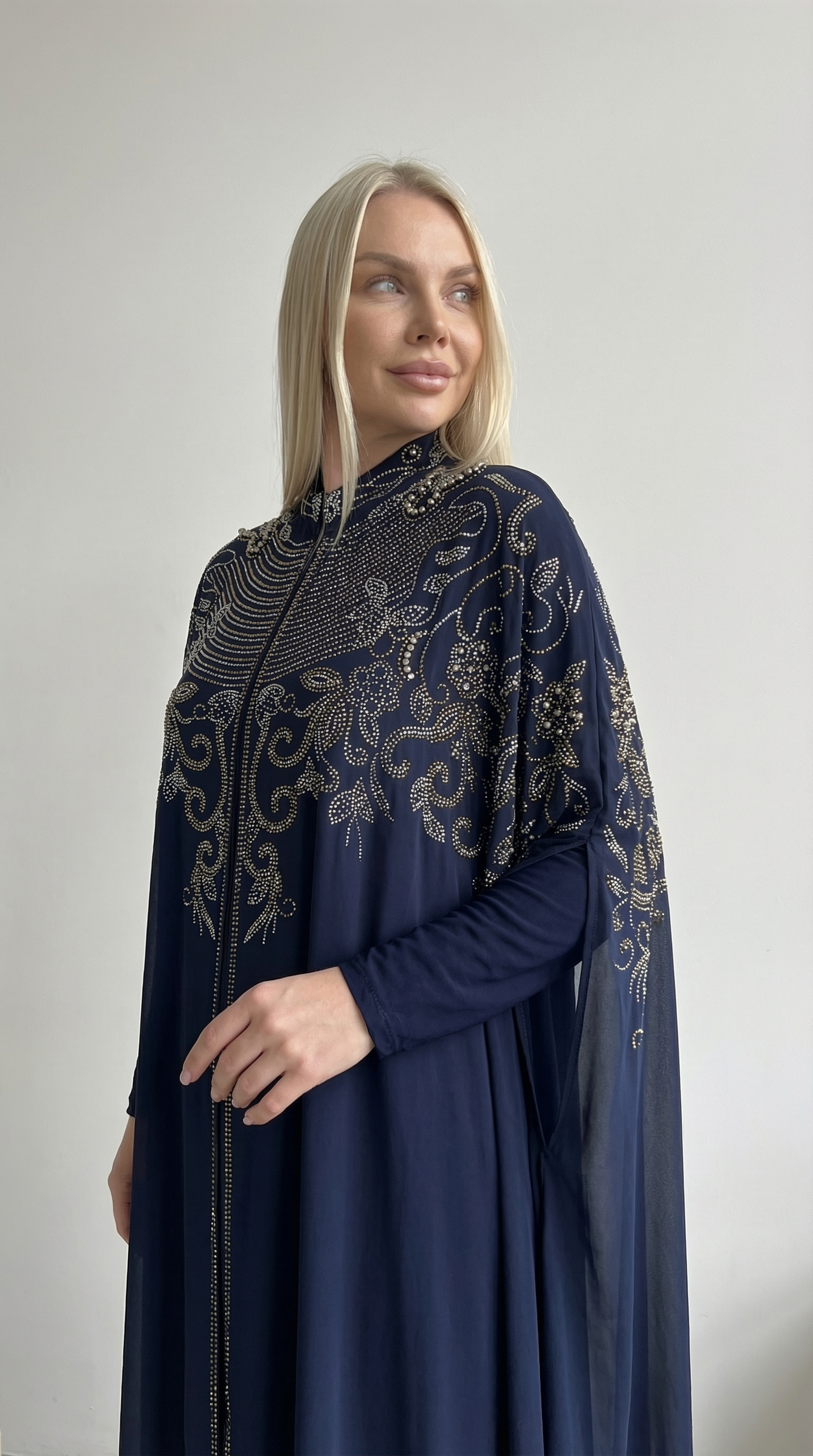 Lacivert Şifon Yoğun Taş İşlemeli Abaya Elbise