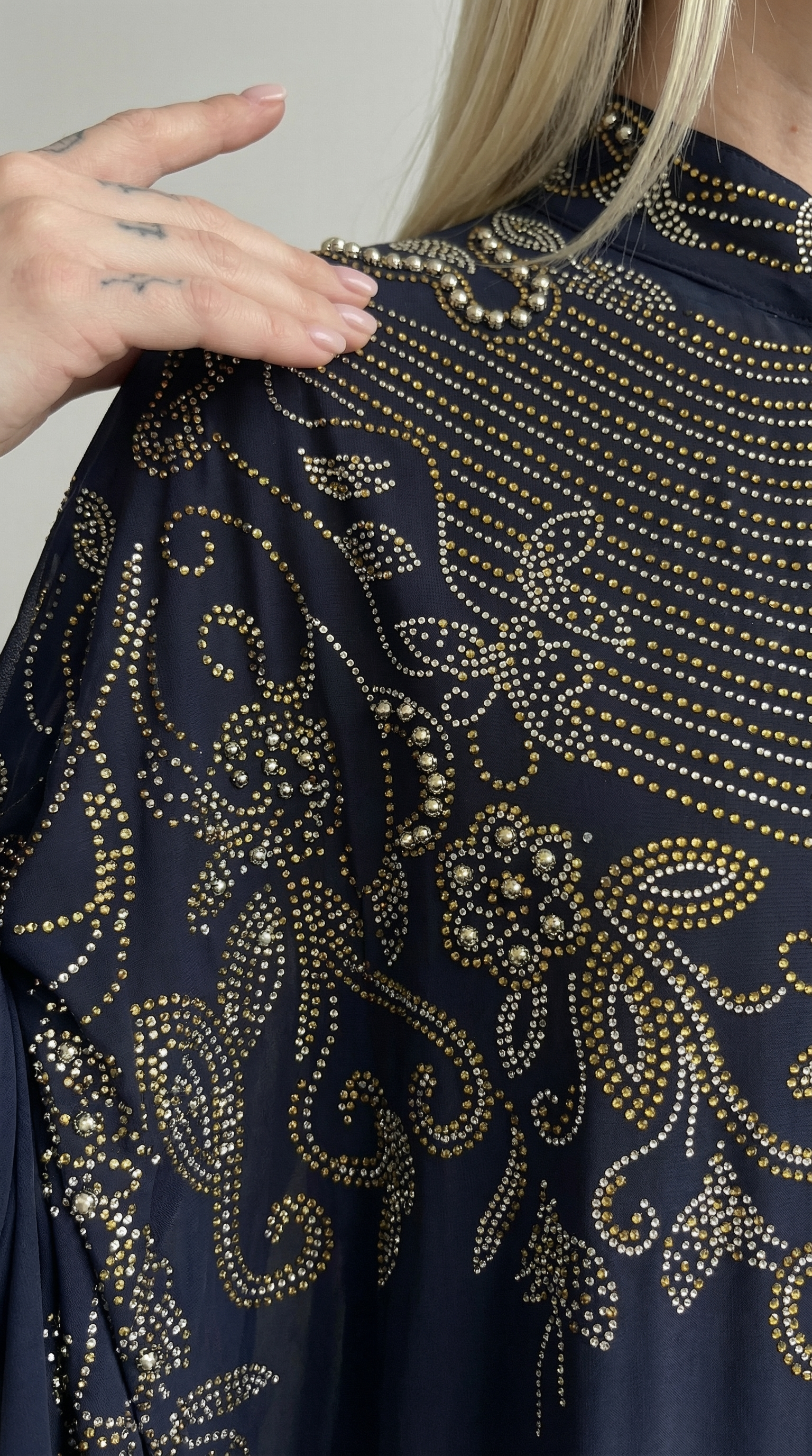 Lacivert Şifon Yoğun Taş İşlemeli Abaya Elbise