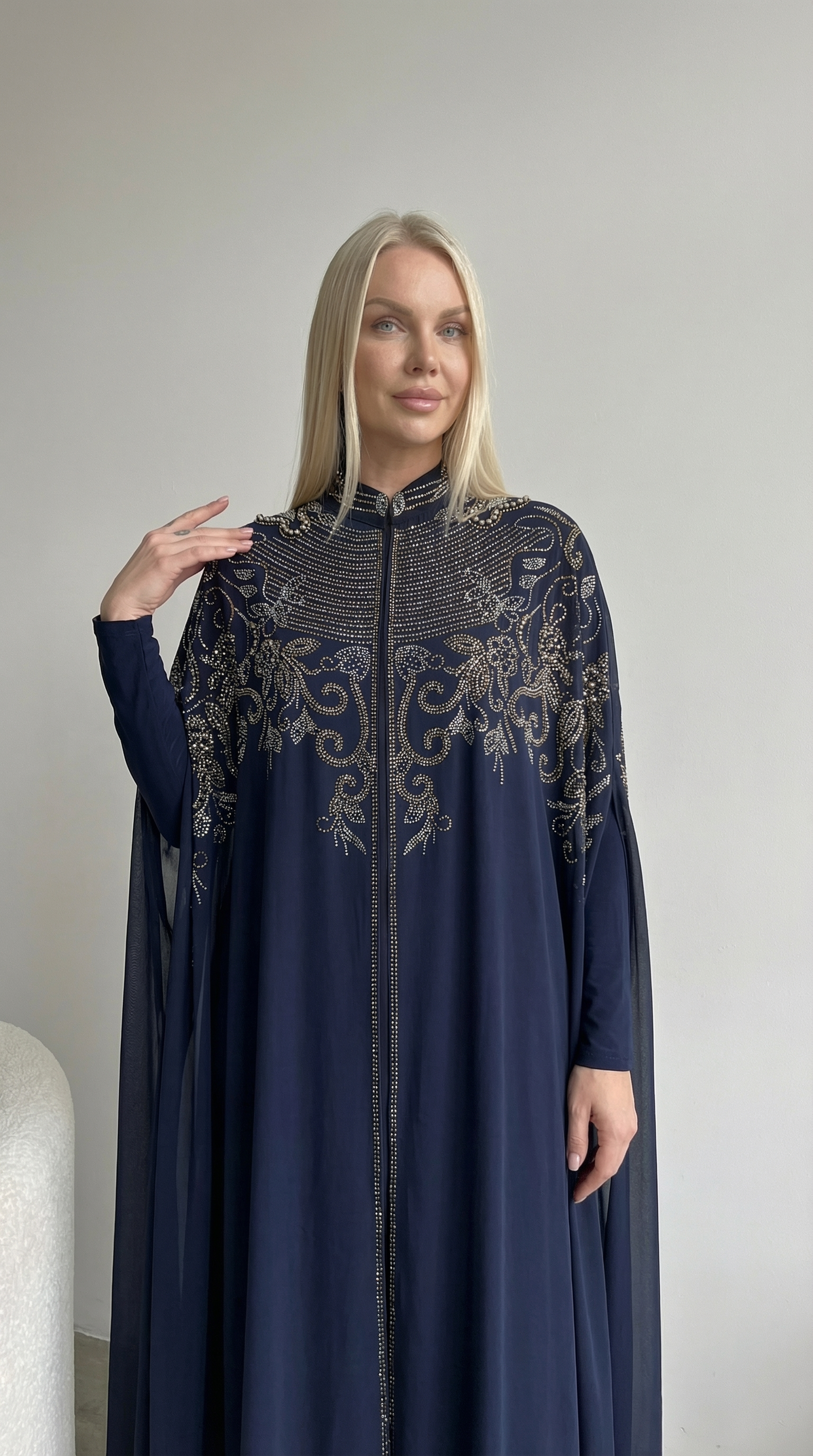 Lacivert Şifon Yoğun Taş İşlemeli Abaya Elbise