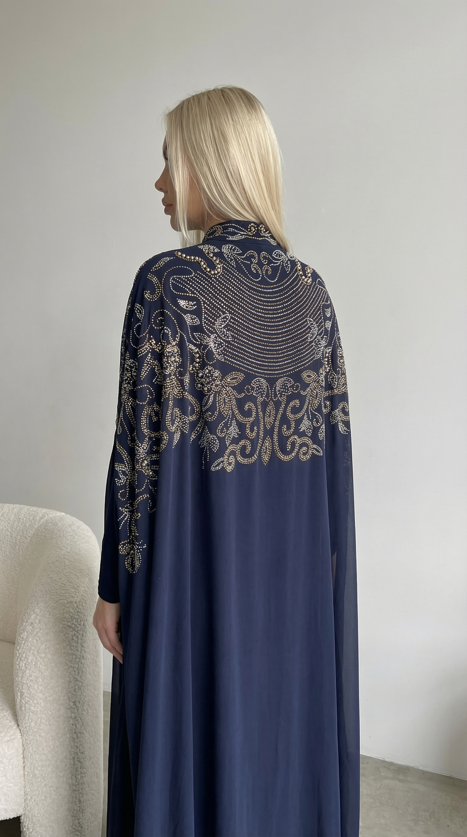 Lacivert Şifon Yoğun Taş İşlemeli Abaya Elbise