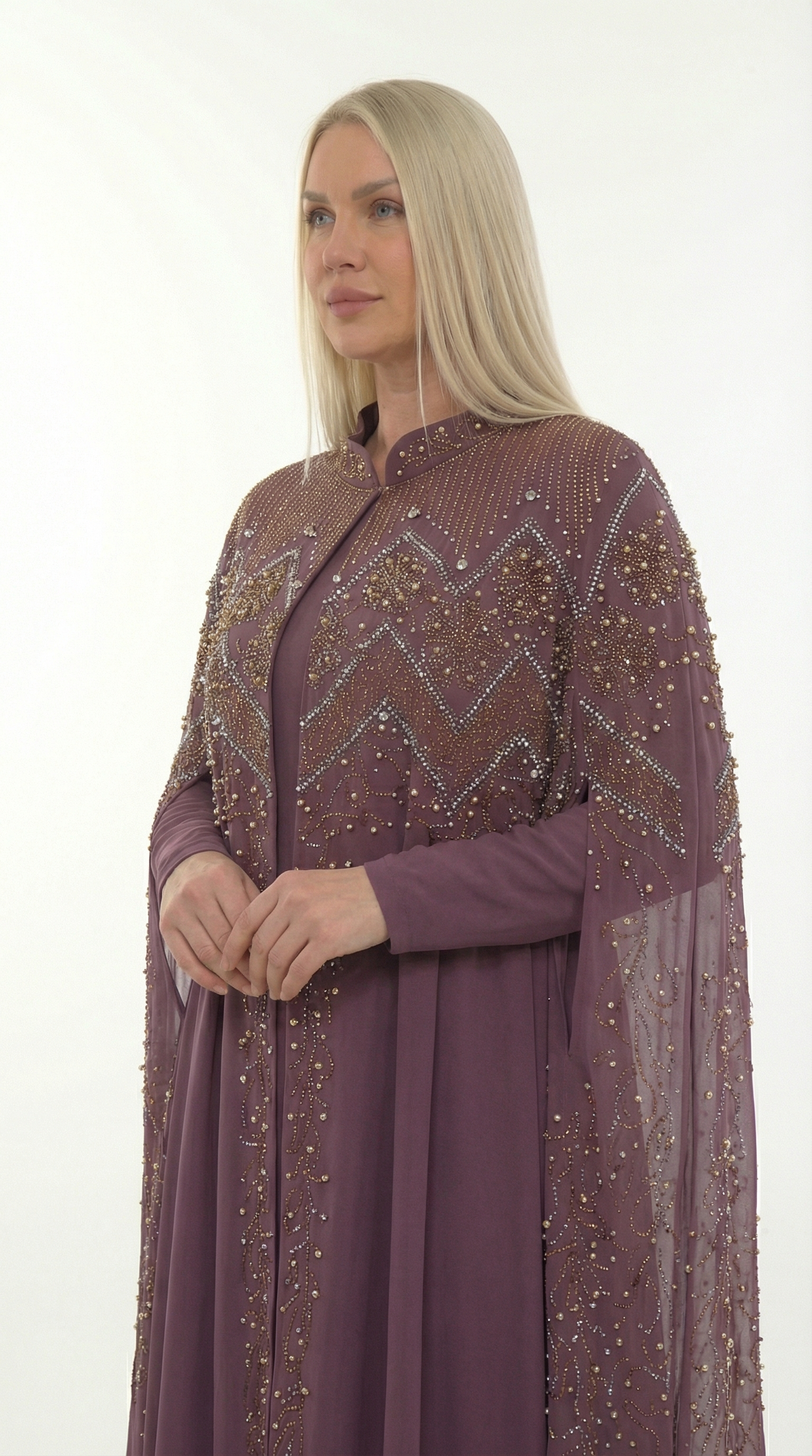 Mürdüm Taşlı İşlemeli Uzun Abiye Elbise