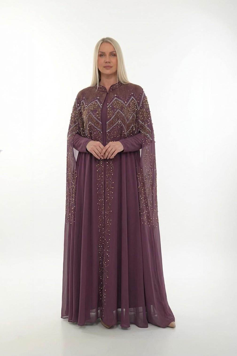 Mürdüm Taşlı İşlemeli Uzun Abiye Elbise