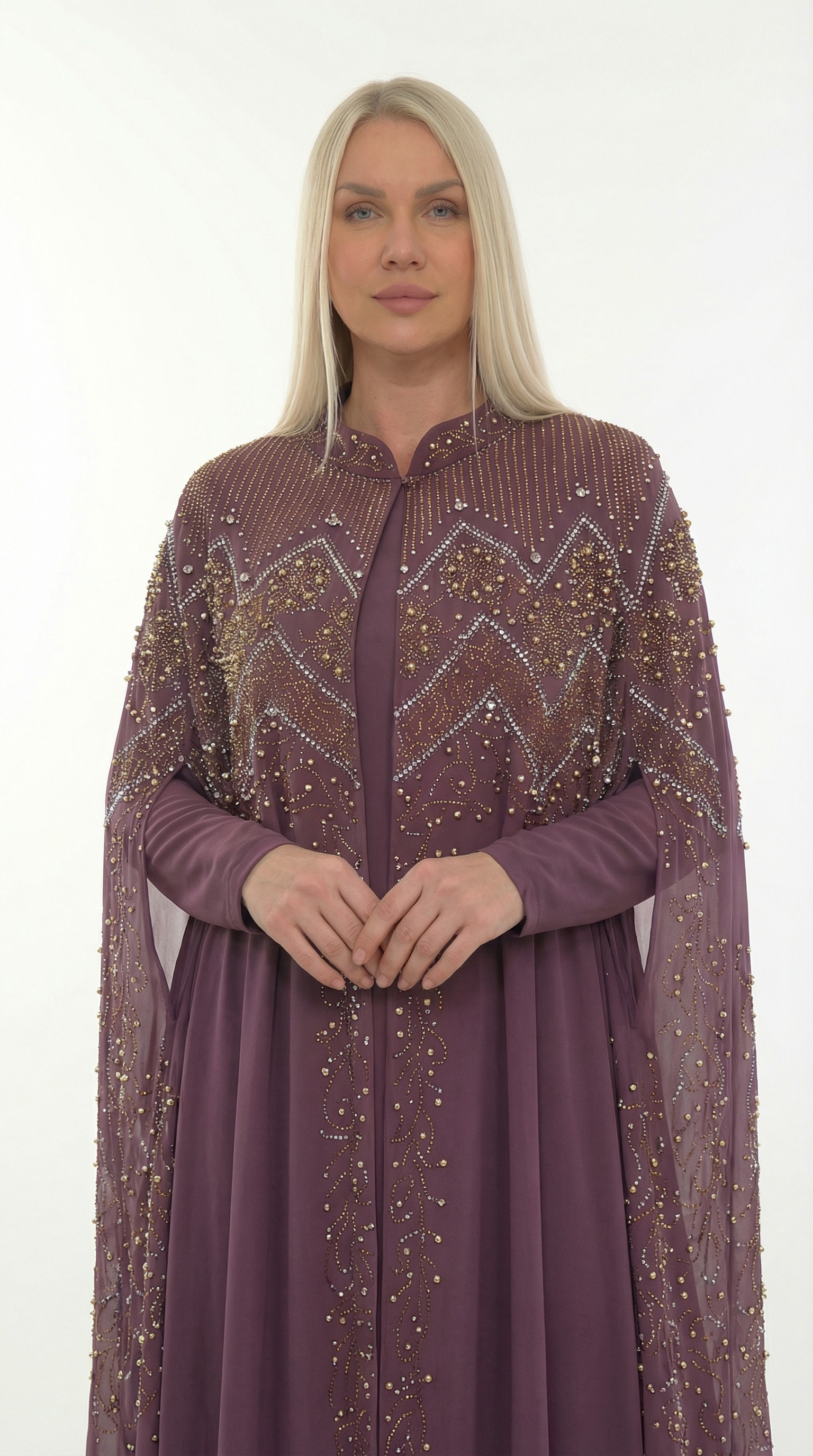 Mürdüm Taşlı İşlemeli Uzun Abiye Elbise