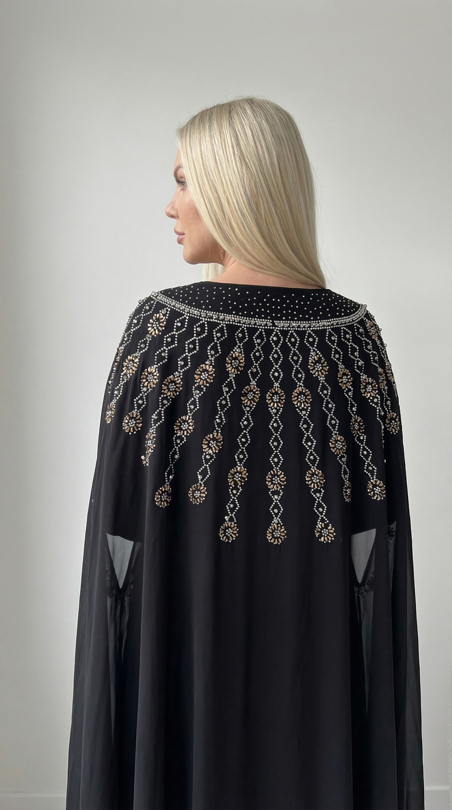 Şifon Altın Nakış İşlemeli Siyah Abaya Elbise Ferace