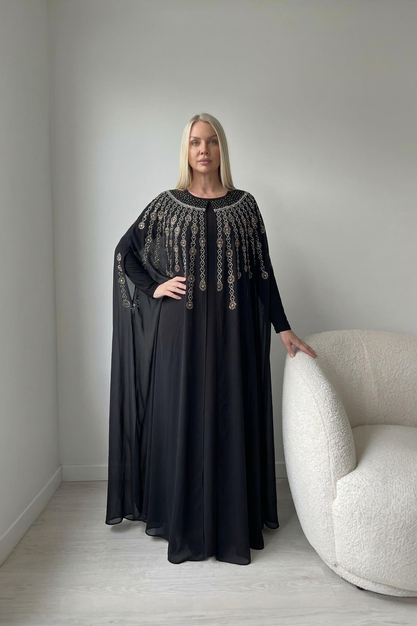 Şifon Altın Nakış İşlemeli Siyah Abaya Elbise Ferace