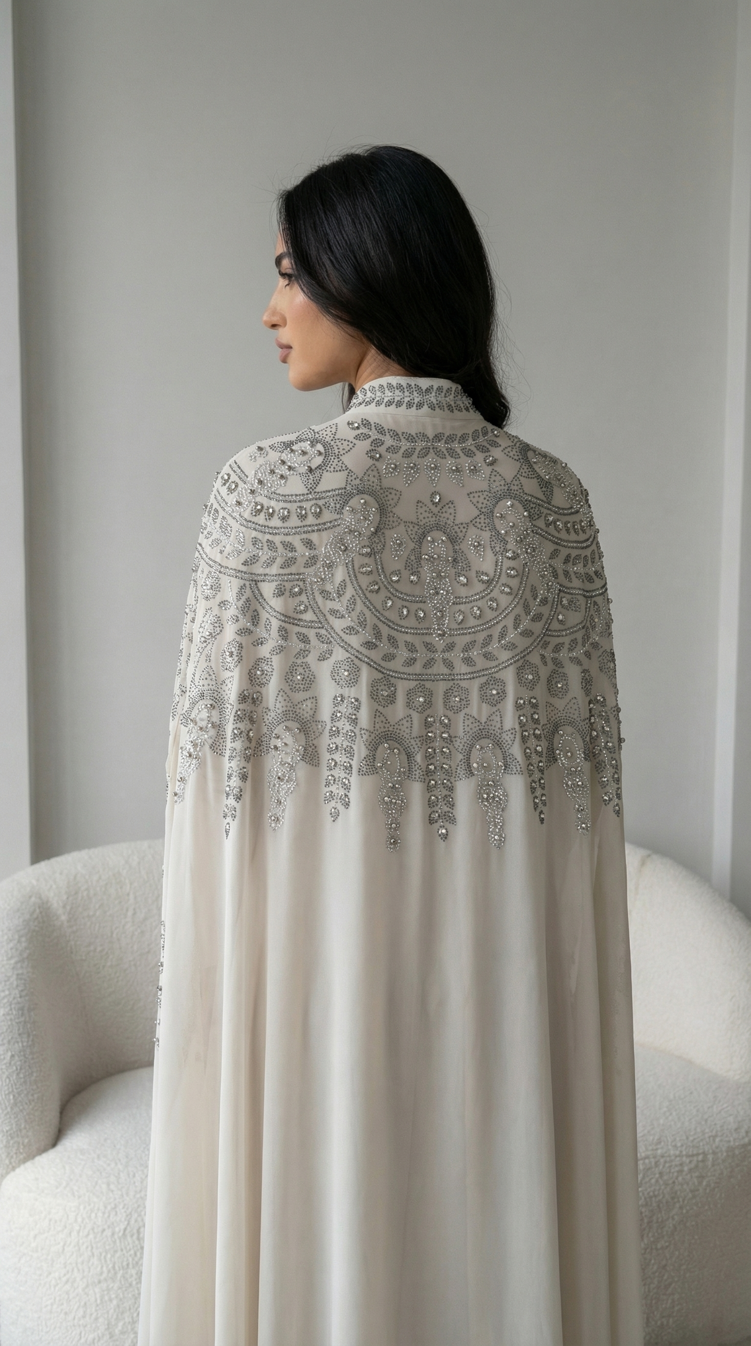 Taş İşleme Detaylı İç Göstermeyen Ekru Abaya Ferace