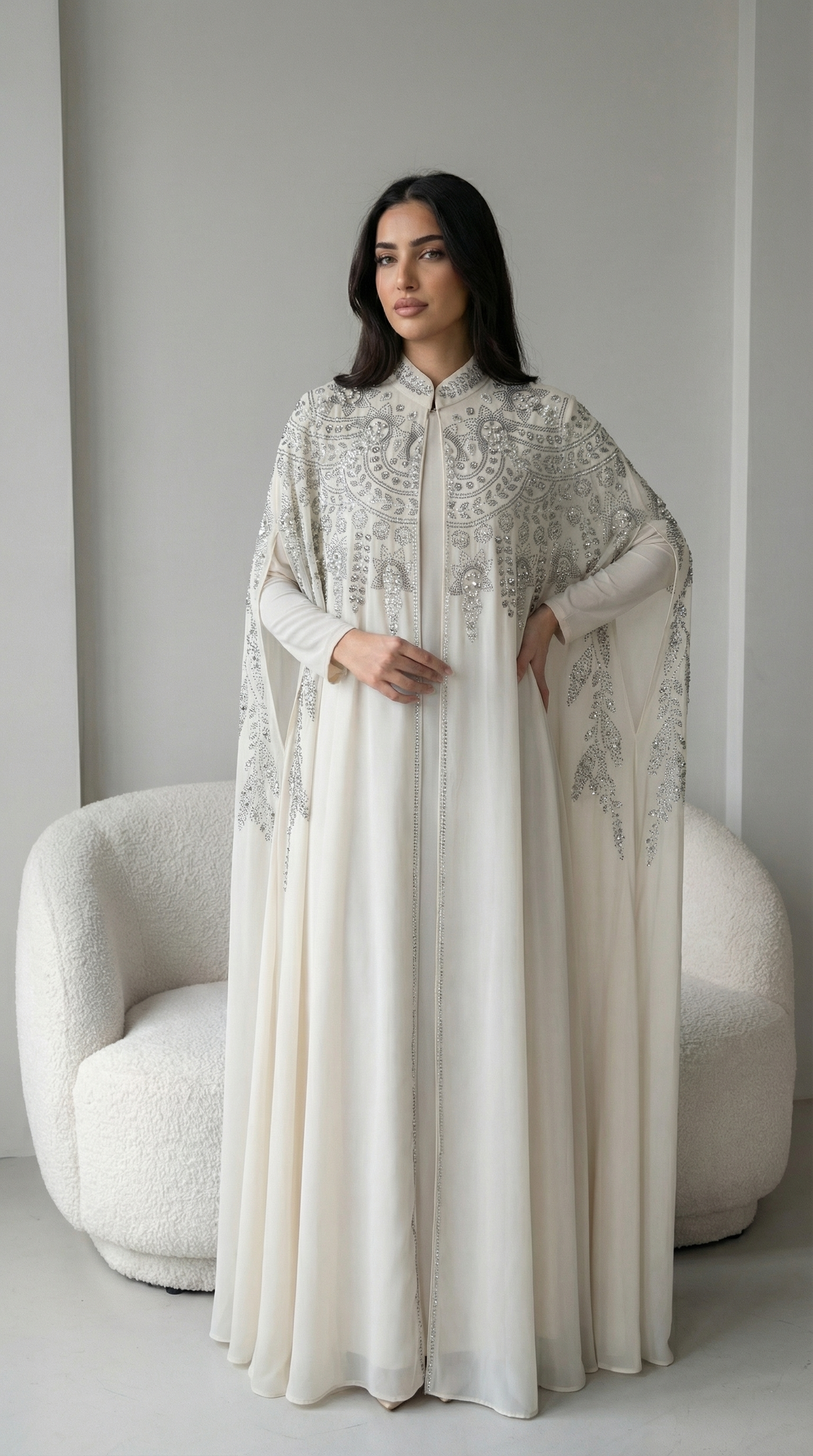 Taş İşleme Detaylı İç Göstermeyen Ekru Abaya Ferace