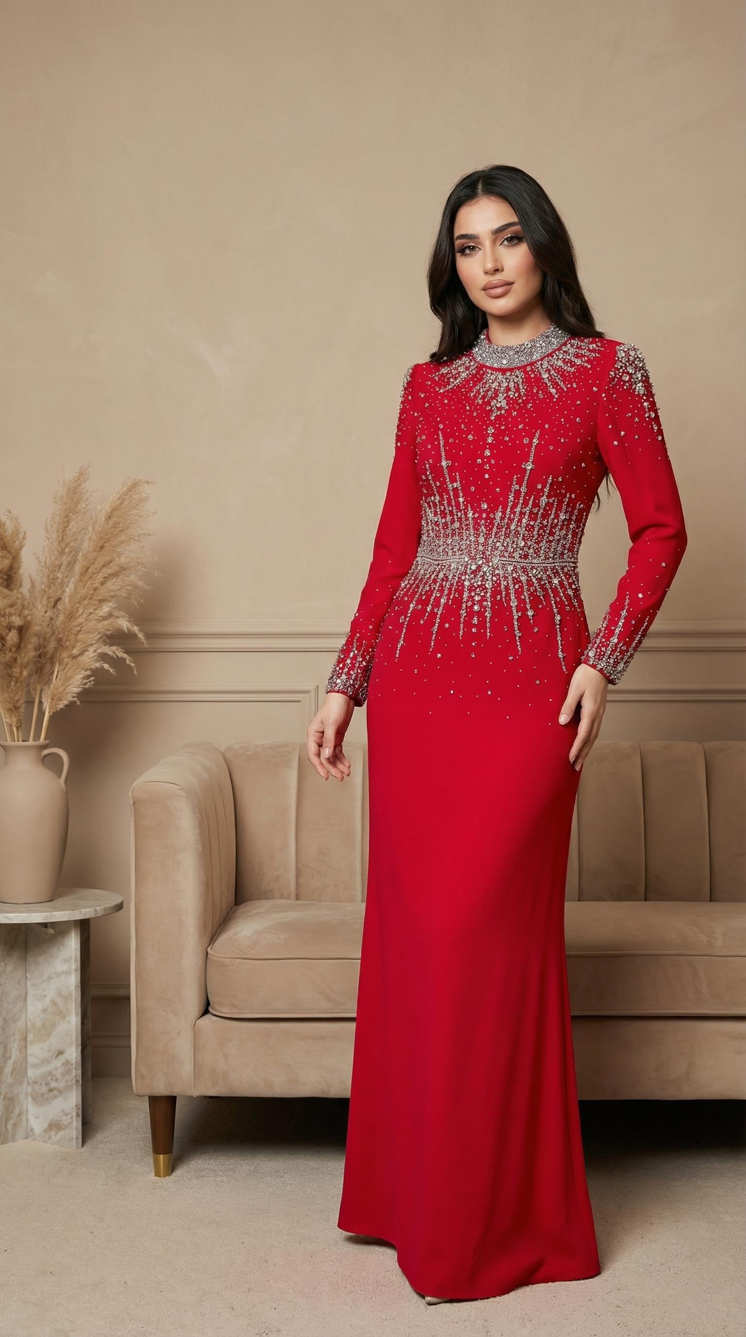 Kırmızı Kristal Boncuk İşlemeli Uzun Kol Abiye Elbise