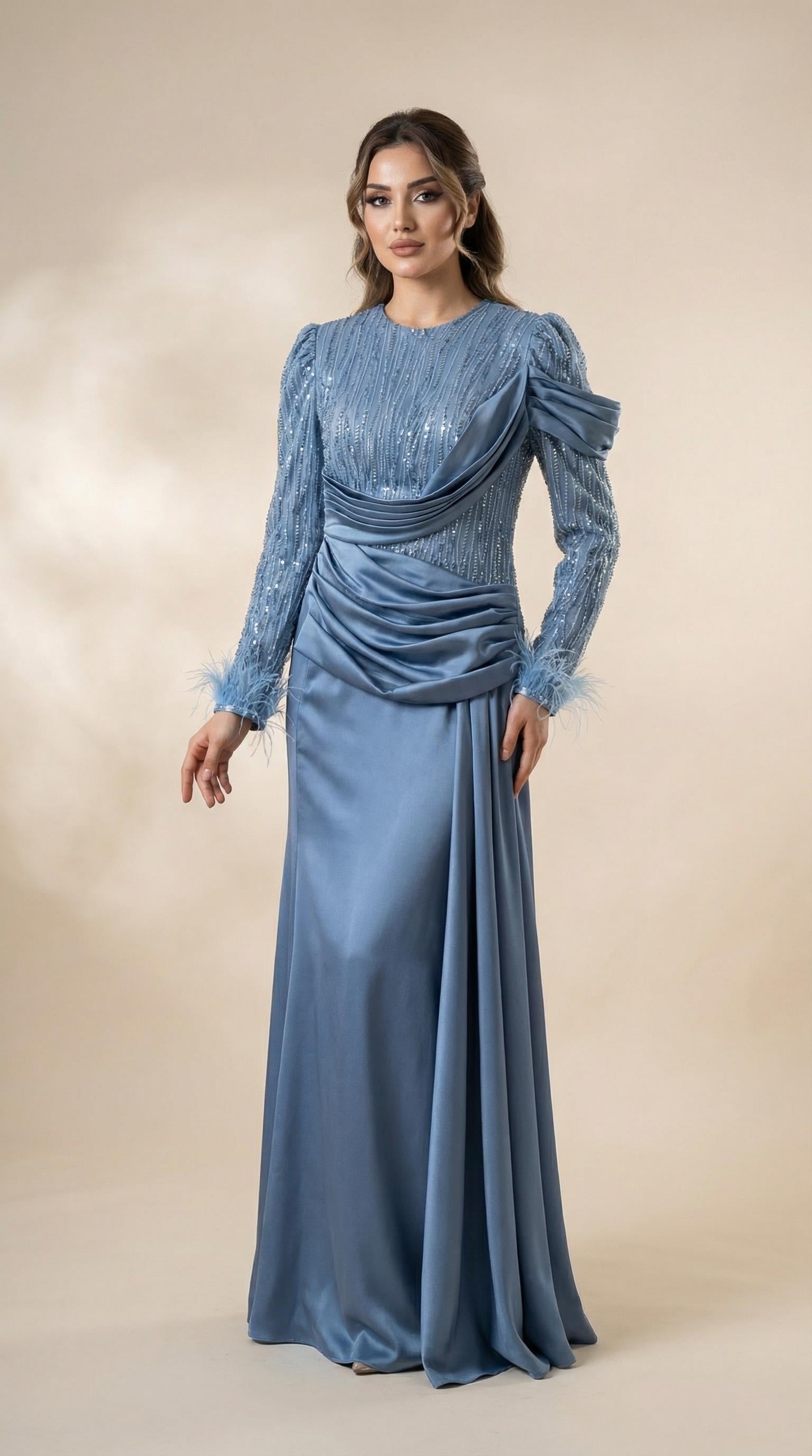 Kristal Taşlı ve Tüy Detaylı Tam Boy Mavi Tesettür Abiye